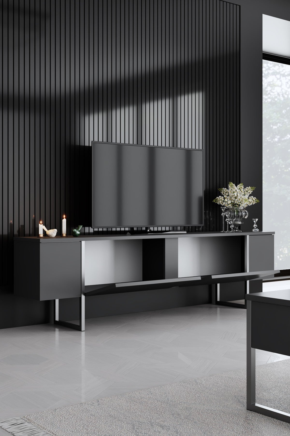 Móvel de TV elegante – 180 x 30 x 50 cm – Antracite e Prata – Painéis de partículas revestidos a melamina