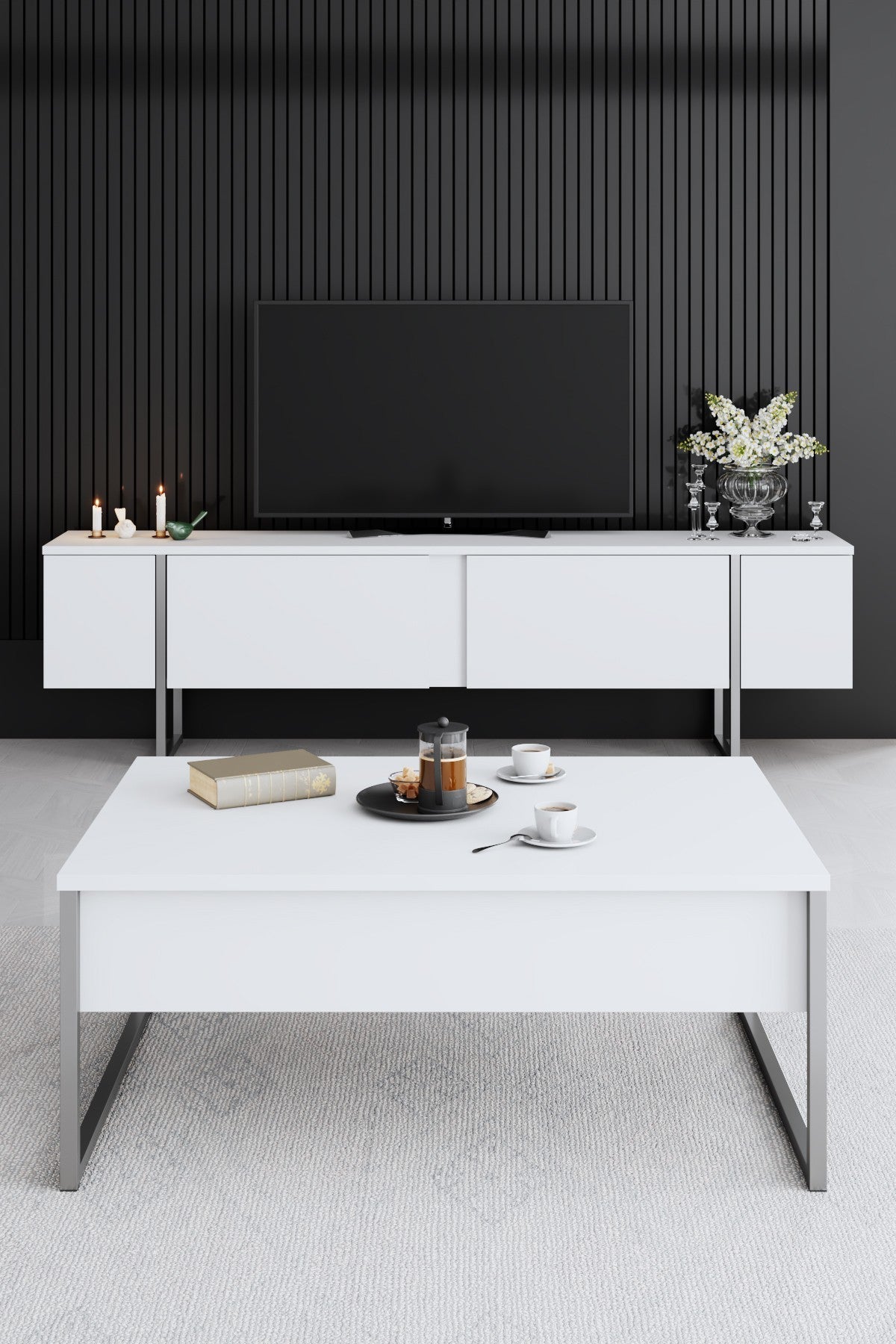 Móvel de TV – 180 cm de largura, 30 cm de profundidade, 50 cm de altura – Branco e prateado – Painel de partículas revestido a melamina