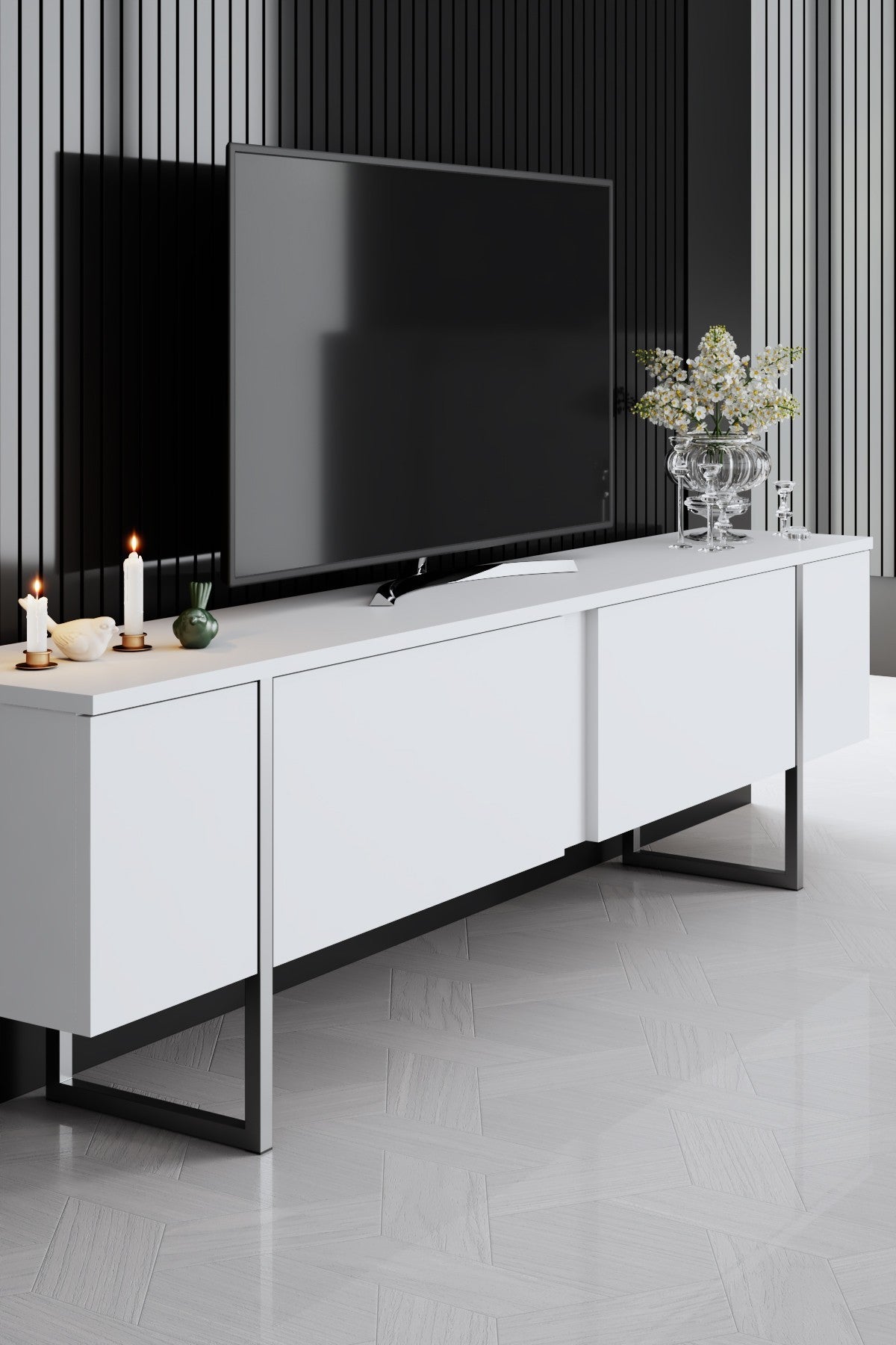 Móvel de TV – 180 cm de largura, 30 cm de profundidade, 50 cm de altura – Branco e prateado – Painel de partículas revestido a melamina
