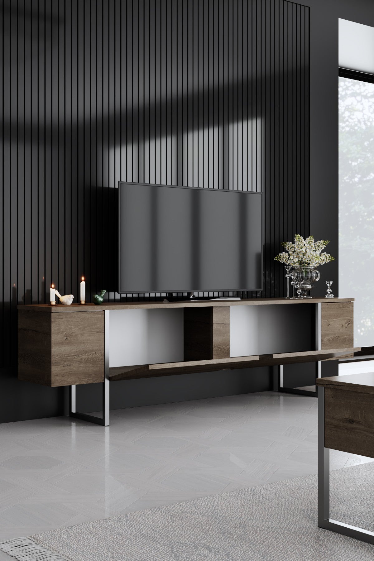 Móvel de TV – 180 x 30 x 50 cm – Nogueira e Prata – Painel de partículas revestido a melamina