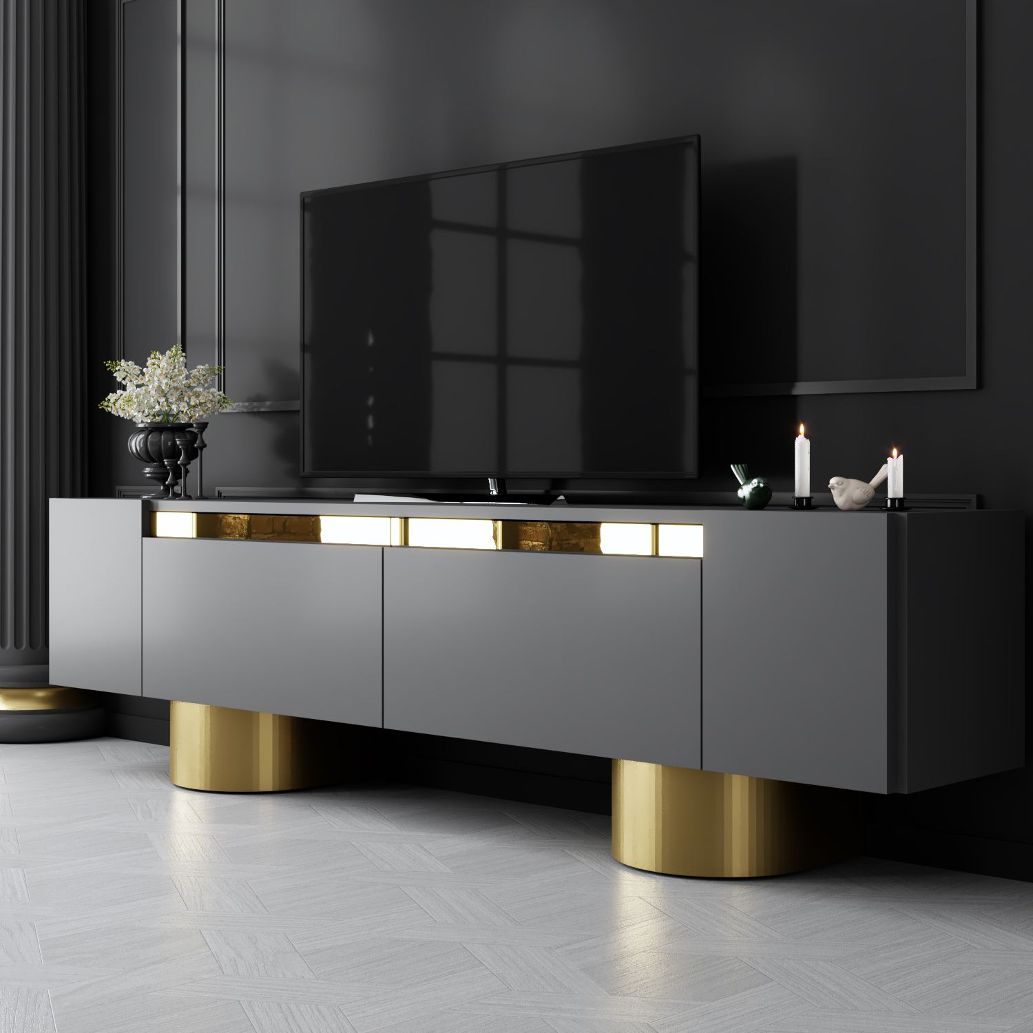 Móvel de TV – 180 x 50 x 30 cm – Antracite e Dourado – MDF revestido de melamina