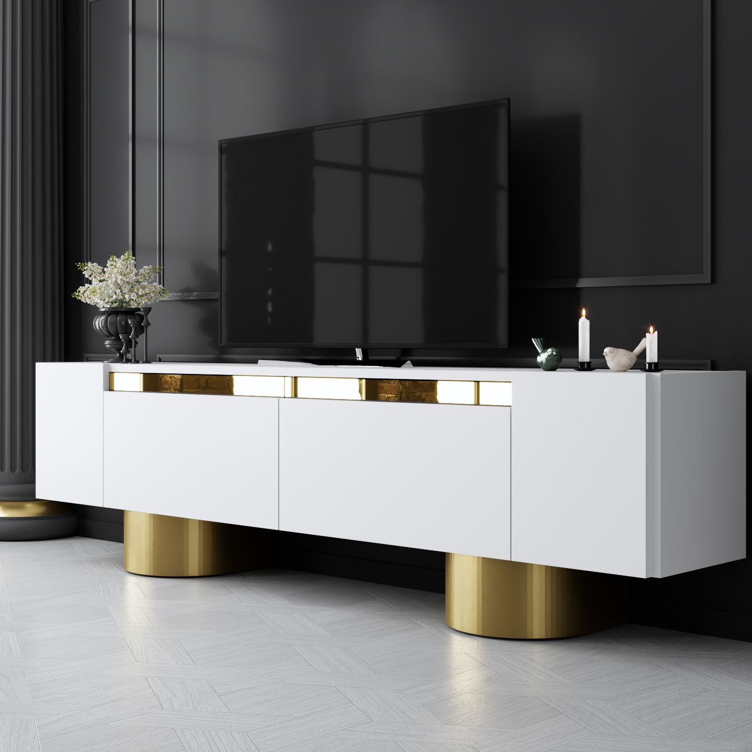 Móvel de TV – 180 x 50 x 30 cm – Branco e Dourado – Aglomerado revestido de melamina