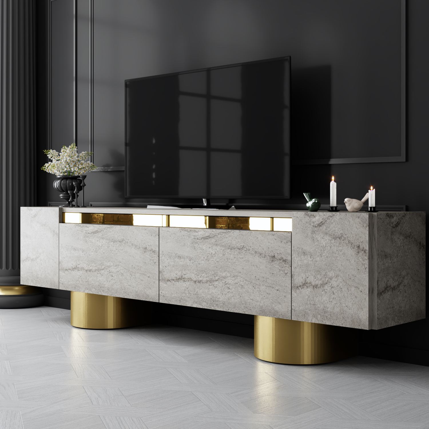 Móvel de TV – 180 cm de largura – Travertino e Ouro – MDF revestido de melamina