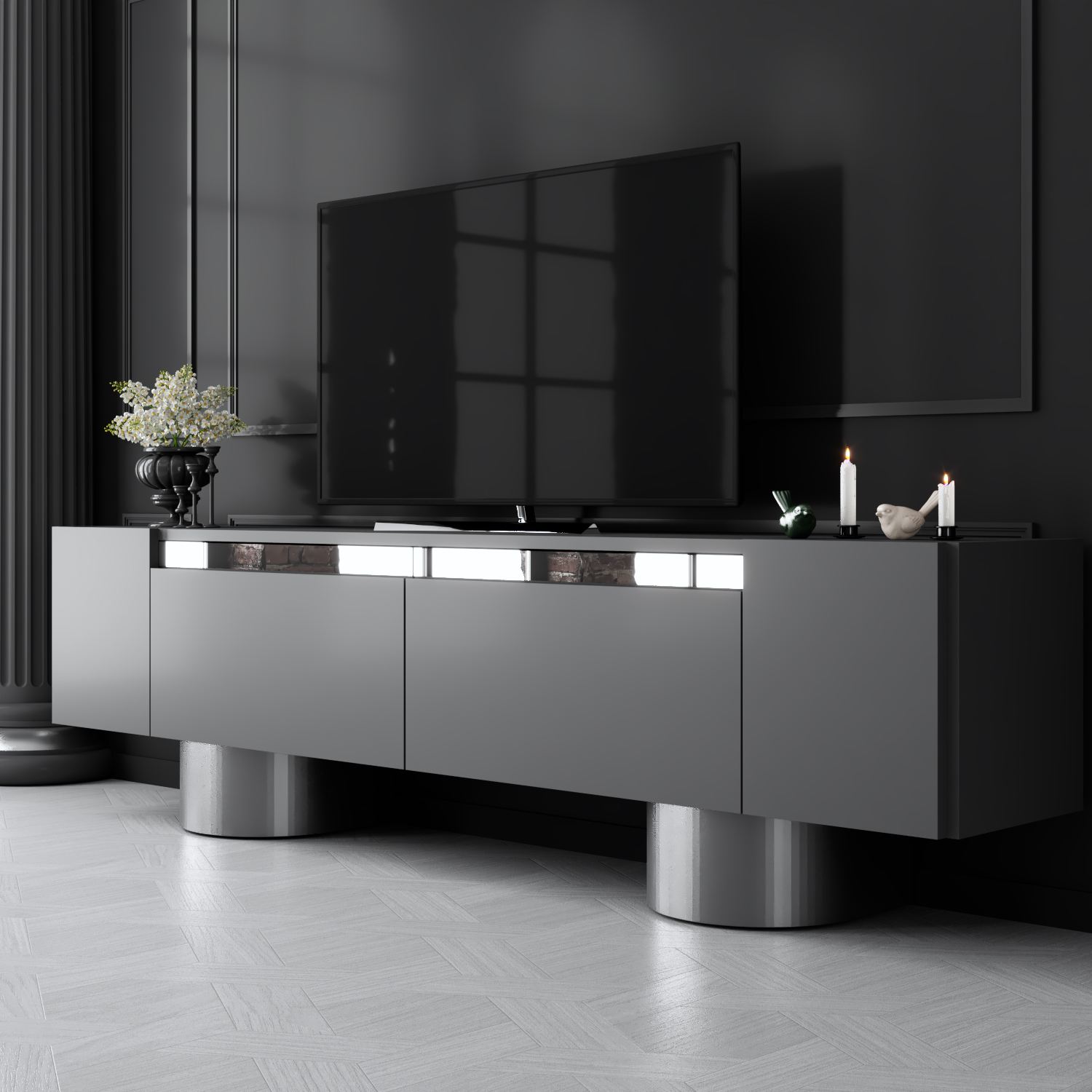 Móvel de TV – 180 cm x 50 cm x 30 cm – Antracite e Prata – MDF