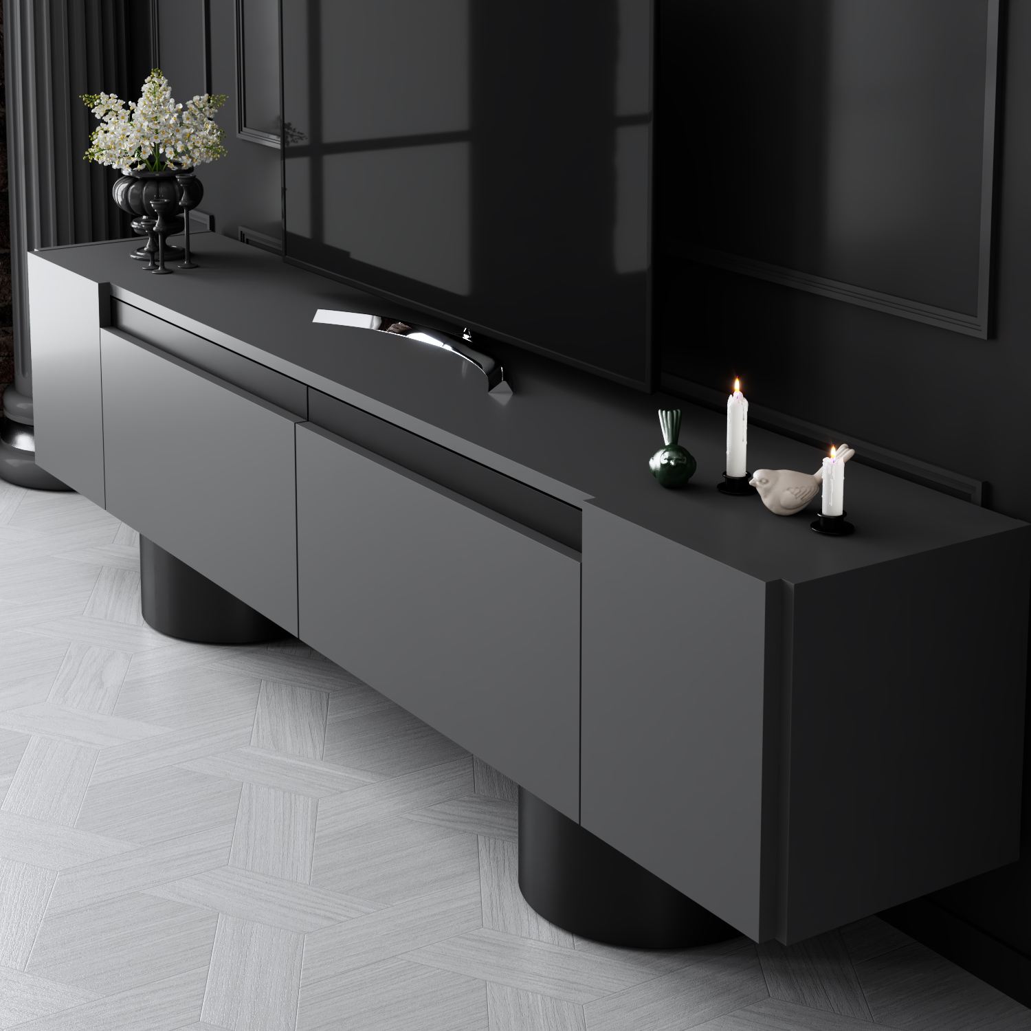 Móvel de TV – 180 cm x 50 cm x 30 cm – Antracite e Preto – painel de partículas