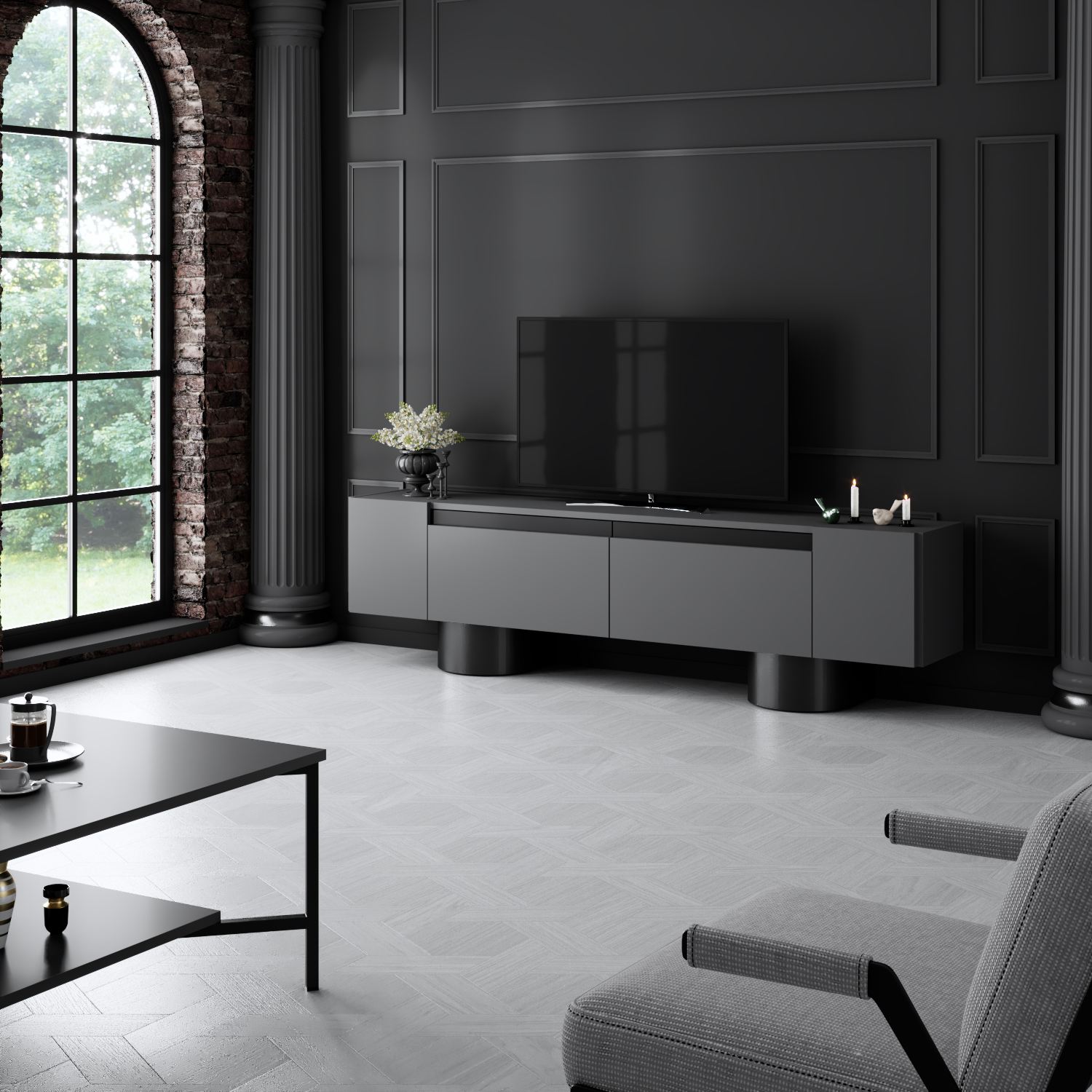 Móvel de TV – 180 cm x 50 cm x 30 cm – Antracite e Preto – painel de partículas