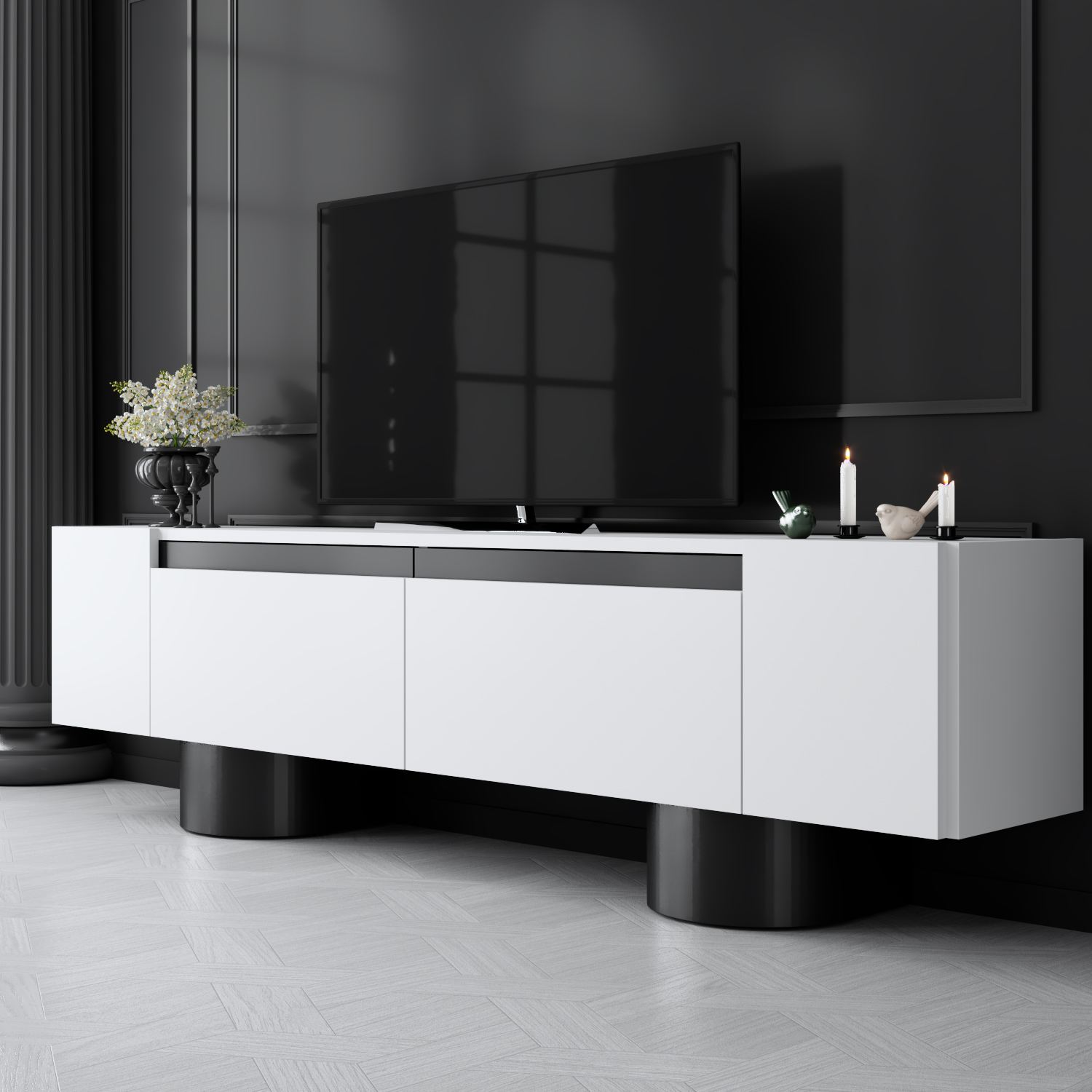 Móvel de TV – 180 cm x 50 cm x 30 cm – Branco e Preto – MDF