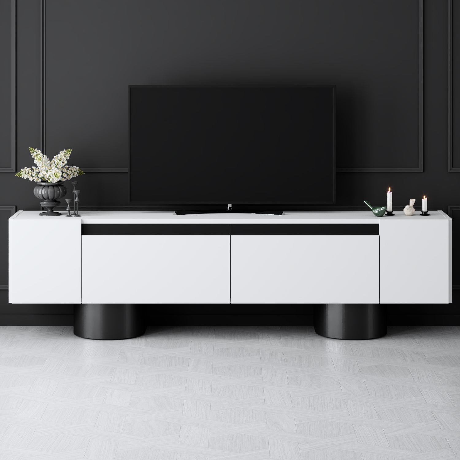 Móvel de TV – 180 cm x 50 cm x 30 cm – Branco e Preto – MDF