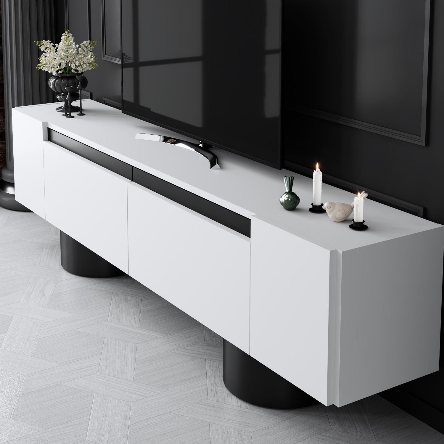 Móvel de TV – 180 cm x 50 cm x 30 cm – Branco e Preto – MDF