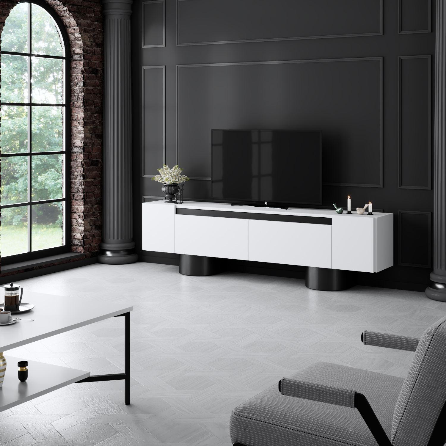 Móvel de TV – 180 cm x 50 cm x 30 cm – Branco e Preto – MDF