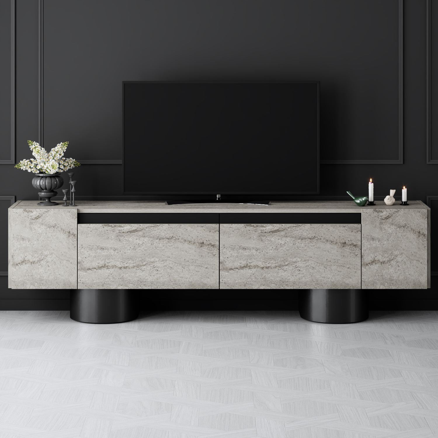 Móvel de TV – 180 cm x 50 cm x 30 cm – Travertino e Preto – MDF
