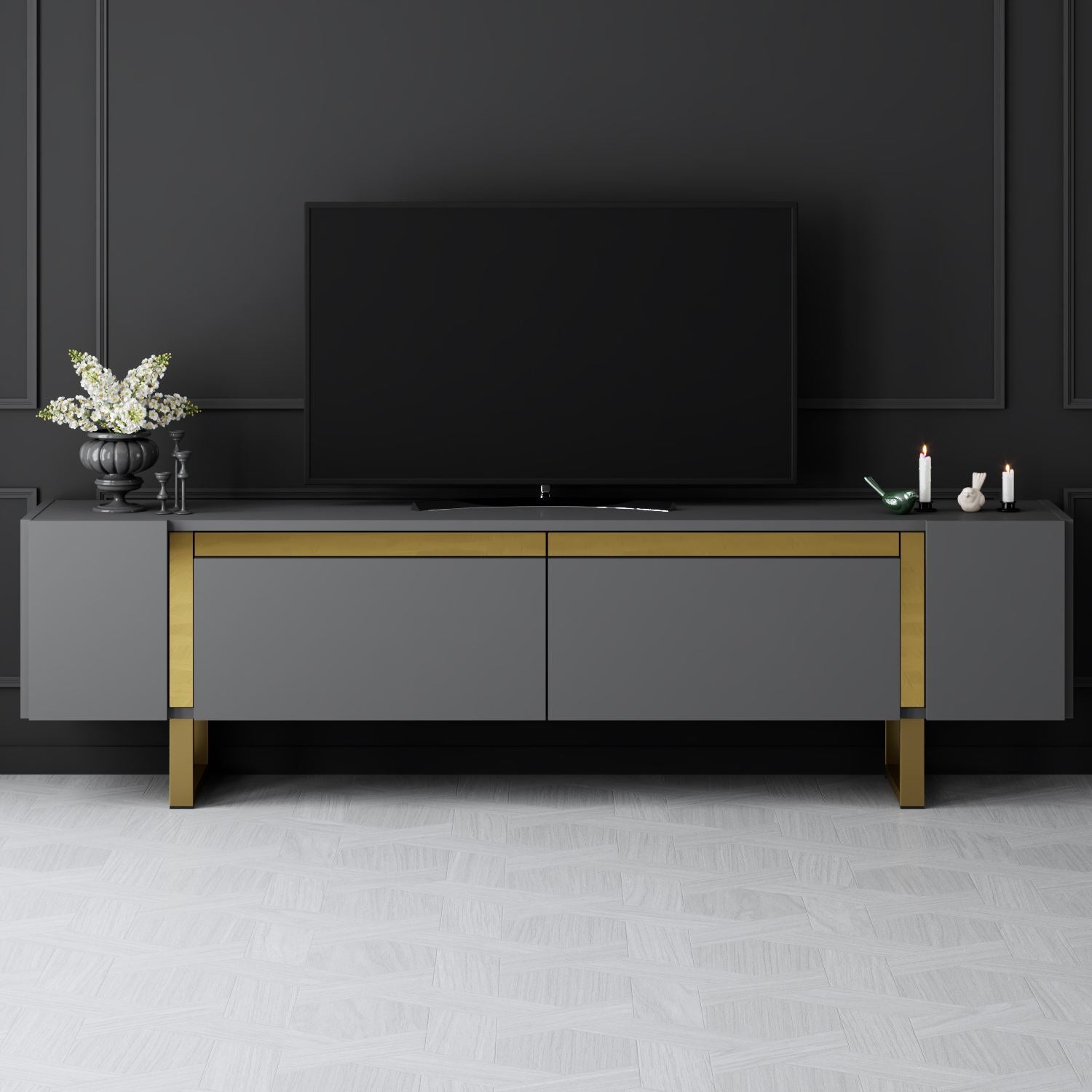 Móvel de TV – 180cm x 50cm x 30cm – Antracite e Ouro – Painel de Partículas Revestido de Melamina