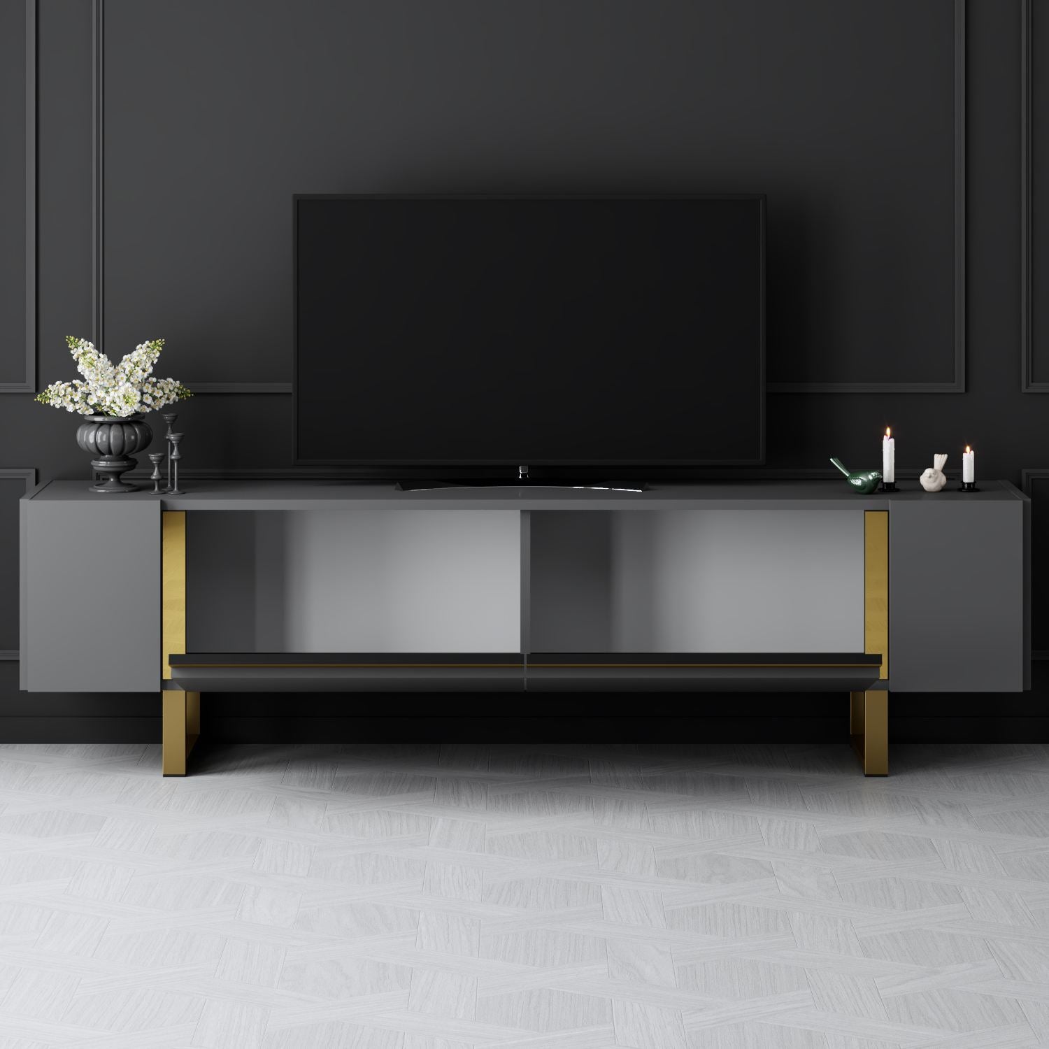 Móvel de TV – 180cm x 50cm x 30cm – Antracite e Ouro – Painel de Partículas Revestido de Melamina