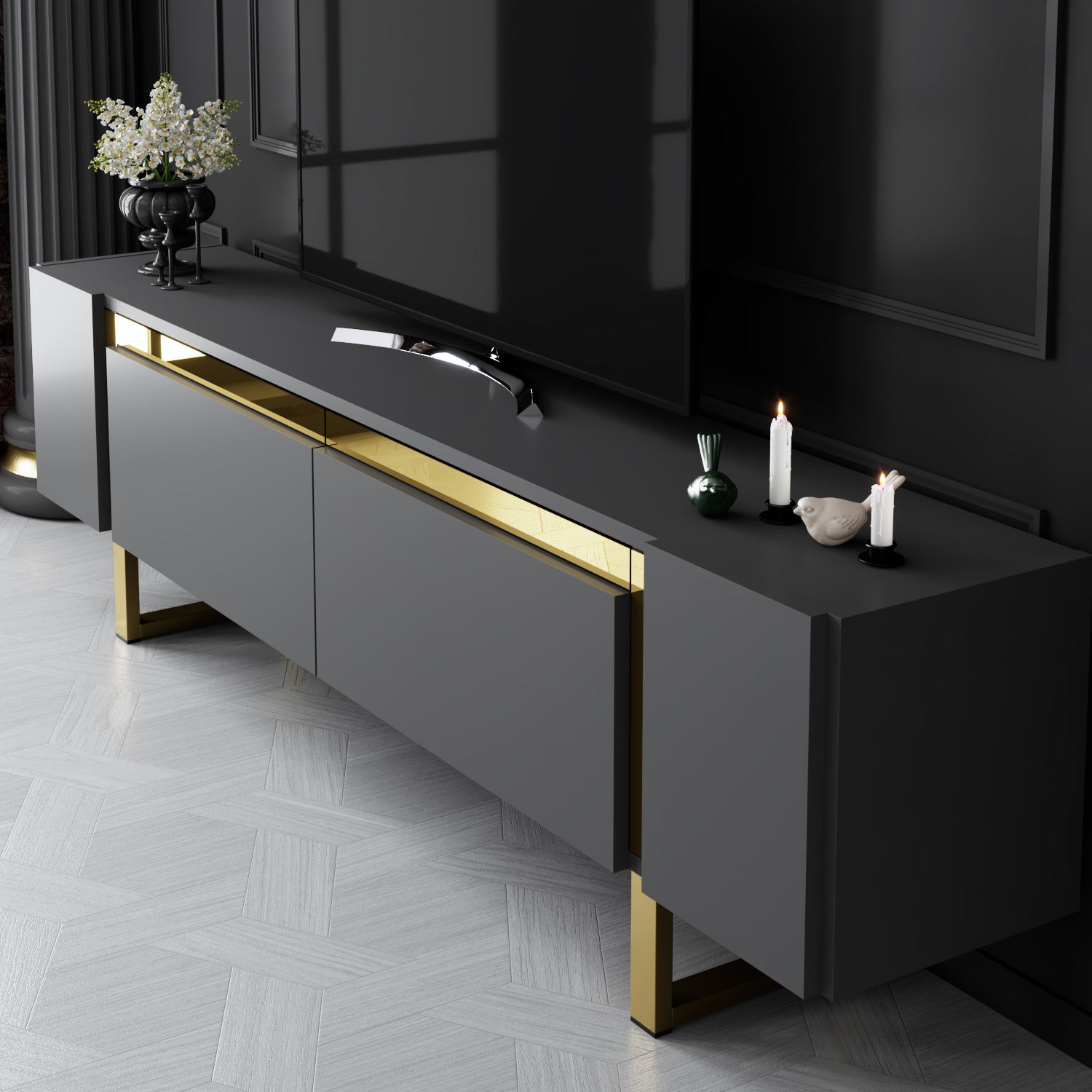 Móvel de TV – 180cm x 50cm x 30cm – Antracite e Ouro – Painel de Partículas Revestido de Melamina