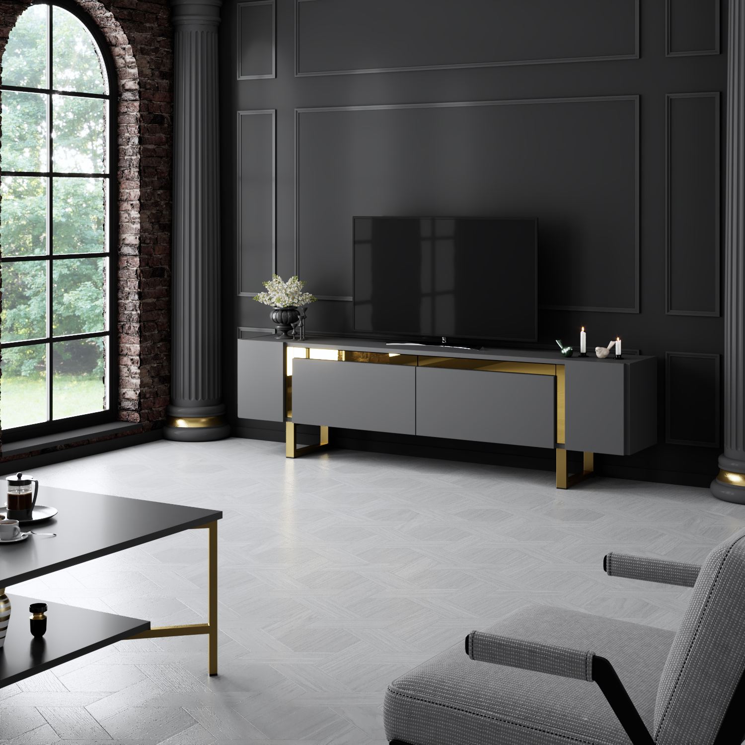Móvel de TV – 180cm x 50cm x 30cm – Antracite e Ouro – Painel de Partículas Revestido de Melamina