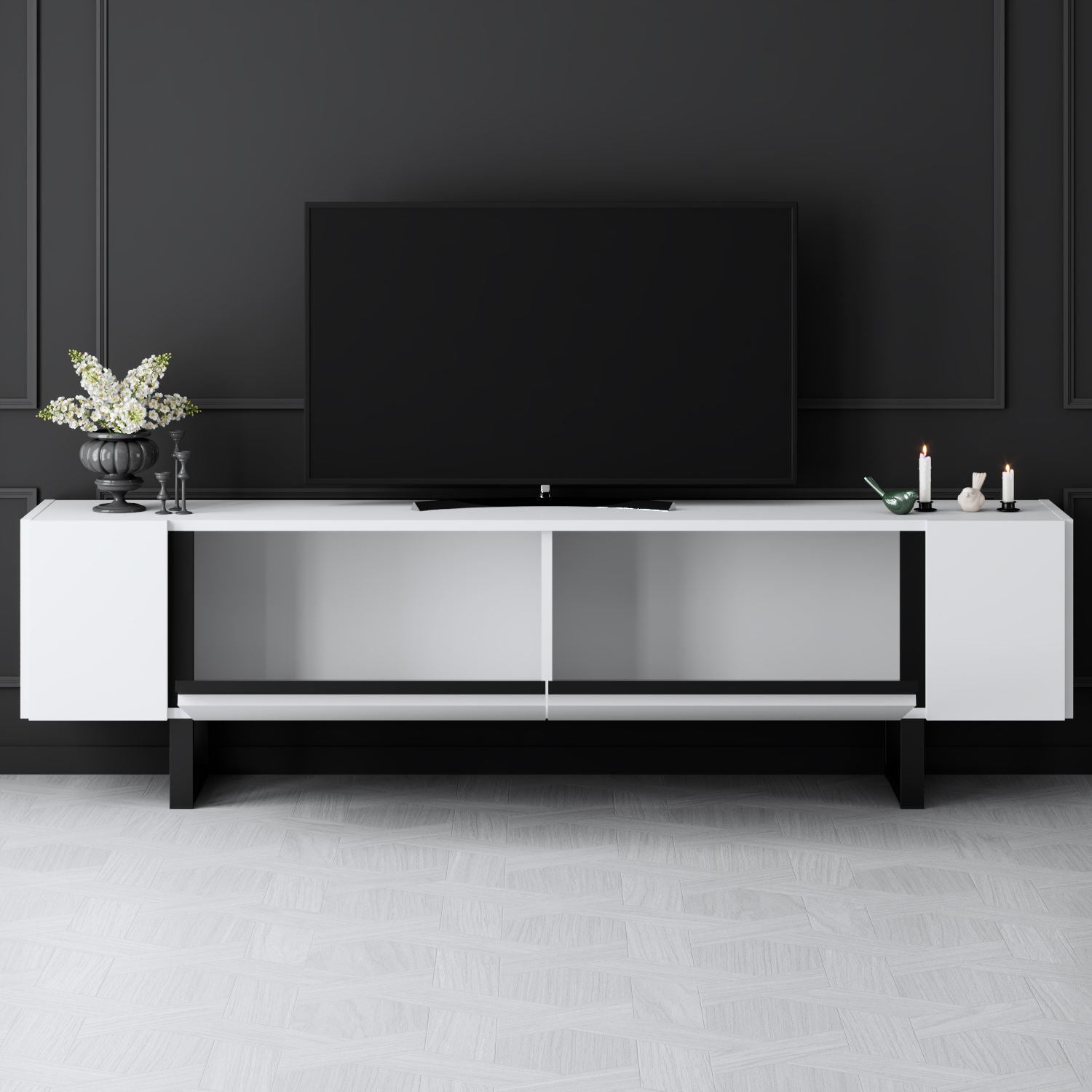 Móvel de TV – 180 cm x 50 cm x 30 cm – Branco e Preto – Aglomerado e Metal