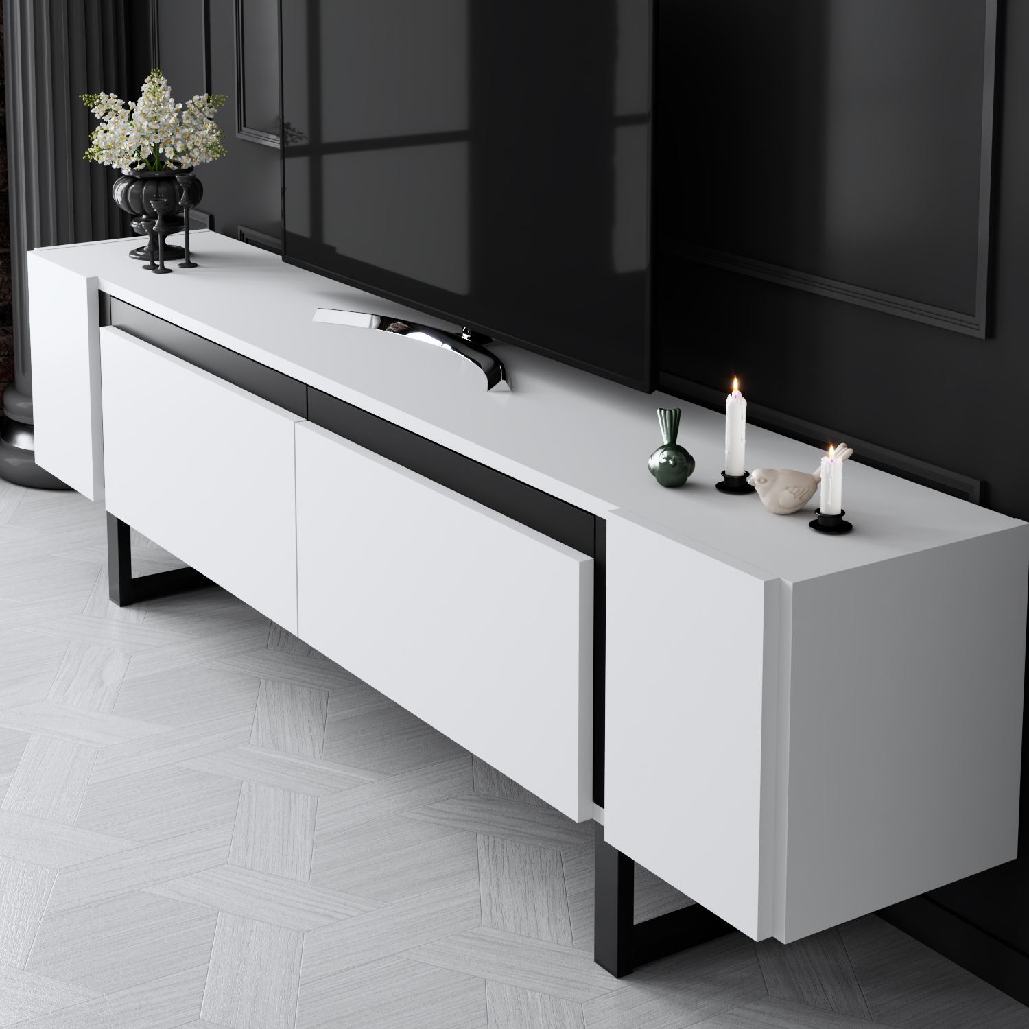 Móvel de TV – 180 cm x 50 cm x 30 cm – Branco e Preto – Aglomerado e Metal