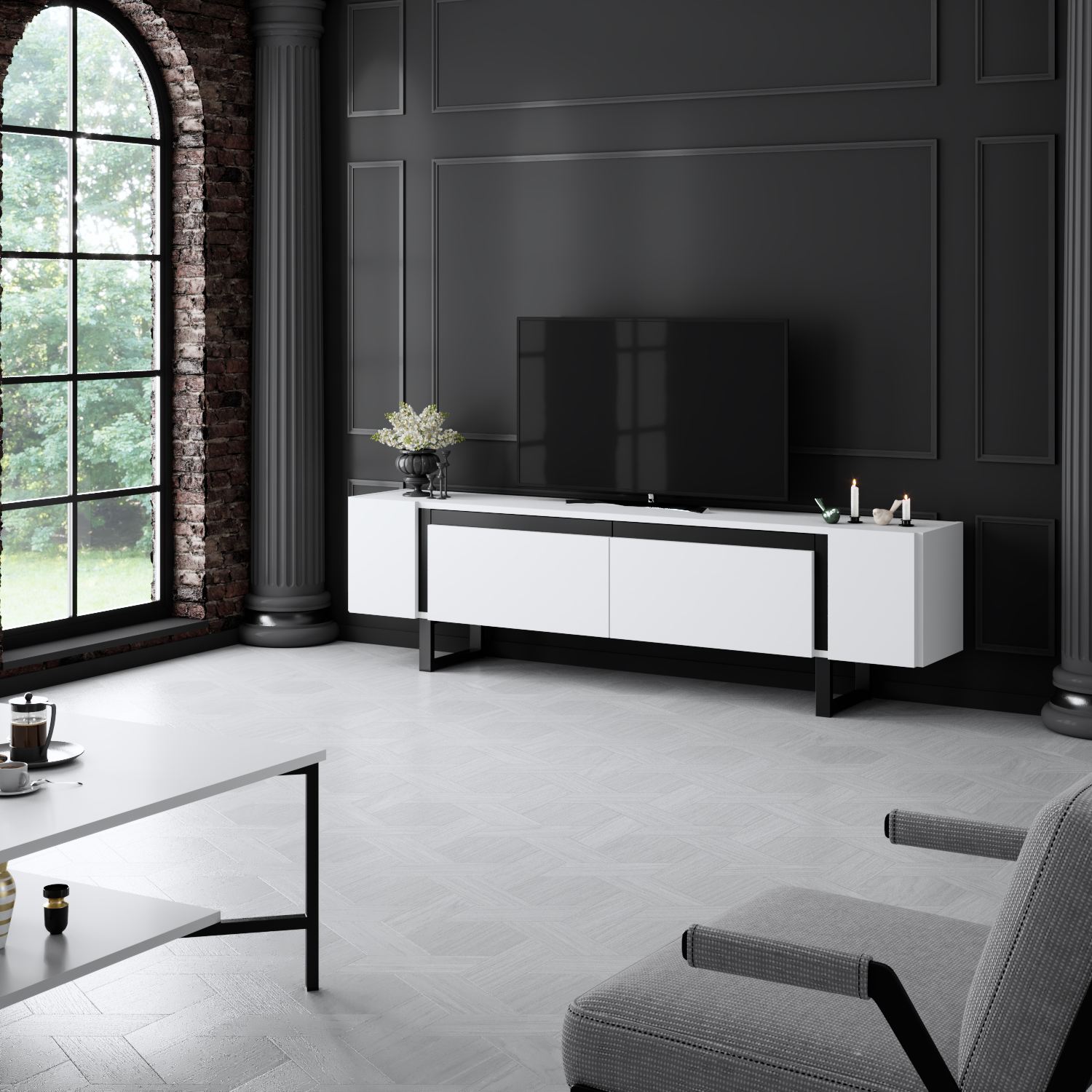Móvel de TV – 180 cm x 50 cm x 30 cm – Branco e Preto – Aglomerado e Metal