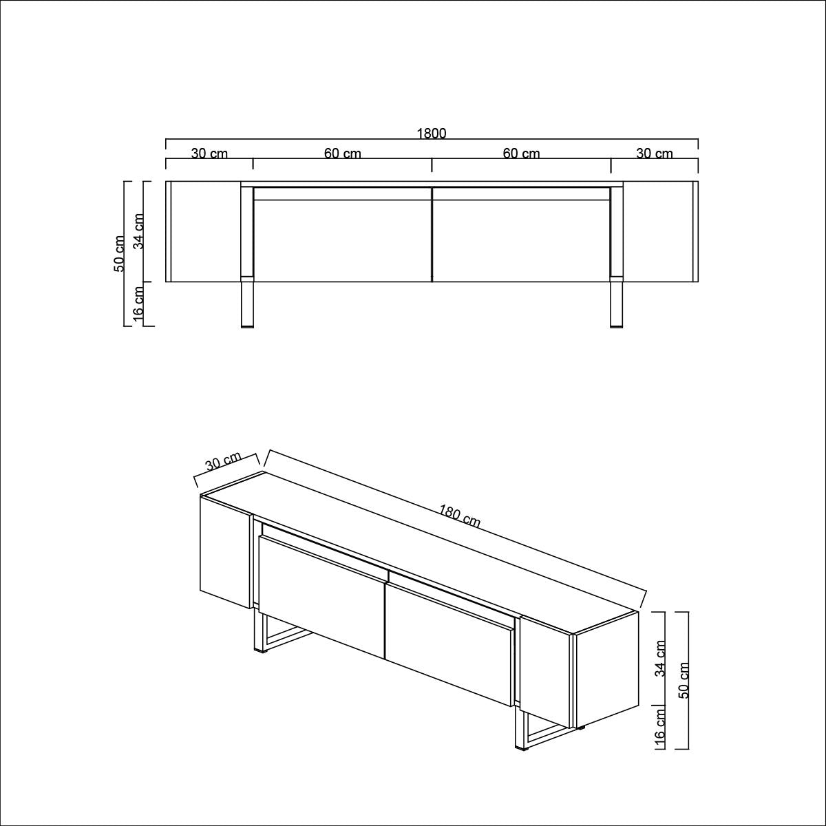 Móvel de TV – 180 cm x 50 cm x 30 cm – Branco e Preto – Aglomerado e Metal