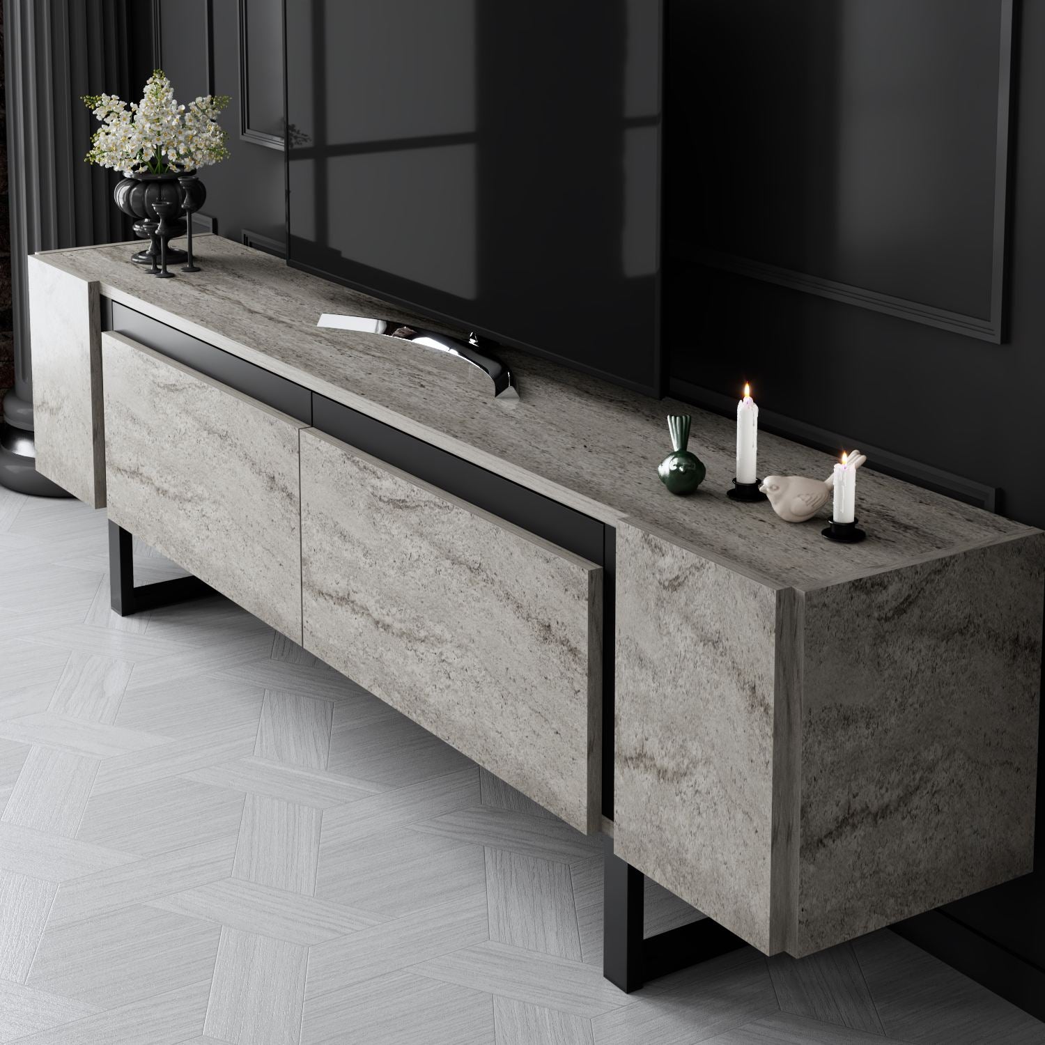 Móvel de TV – 180 cm x 50 cm x 30 cm – Travertino e Preto – MDF