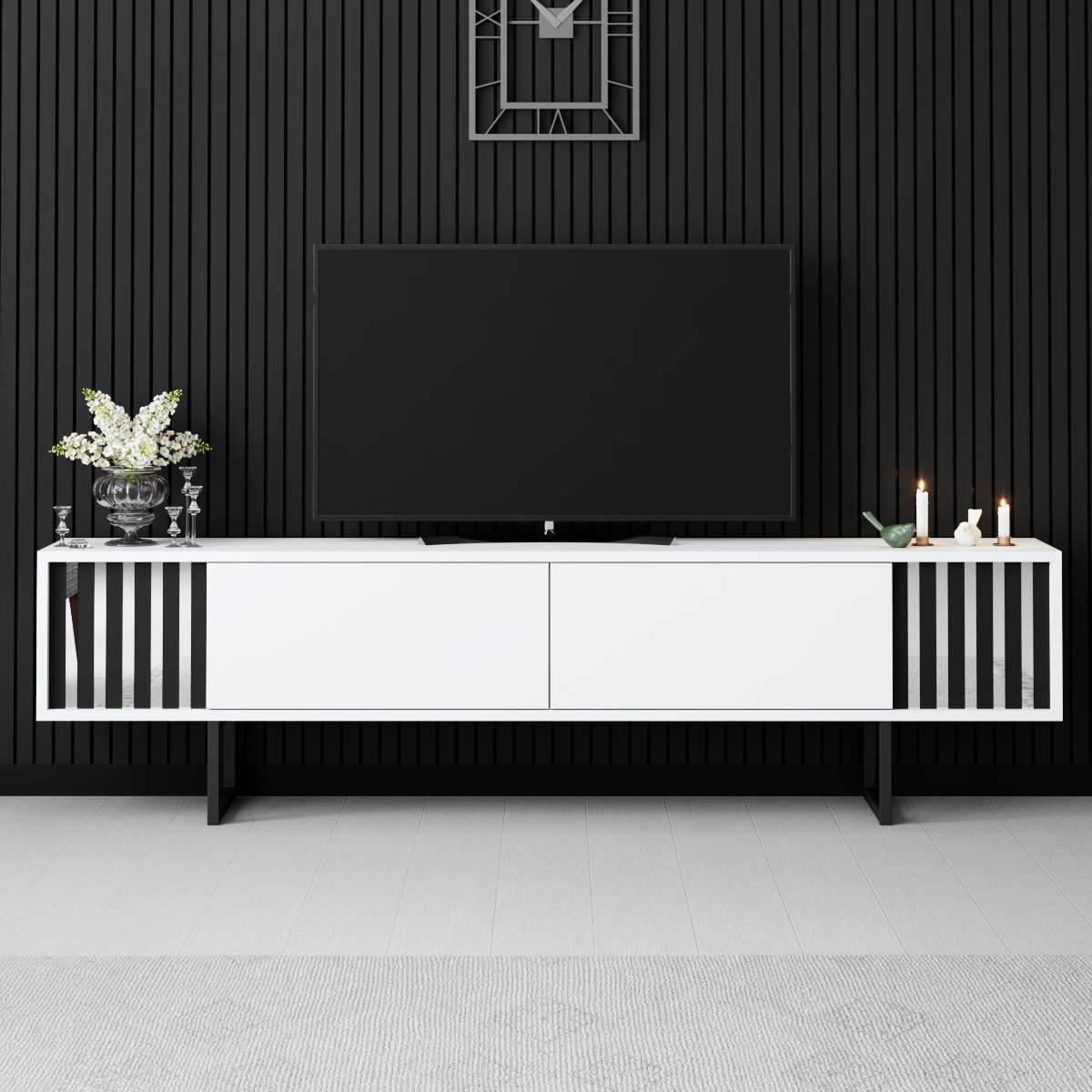Móvel de TV – 180 cm x 30 cm x 48 cm – Branco e Preto – MDF