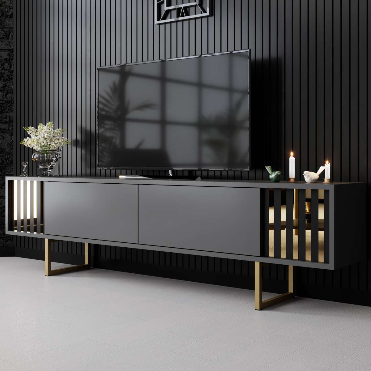 Móvel de TV – 180 cm x 30 cm x 48 cm – Antracite e Ouro – MDF