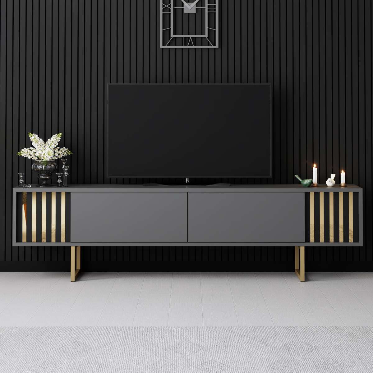 Móvel de TV – 180 cm x 30 cm x 48 cm – Antracite e Ouro – MDF