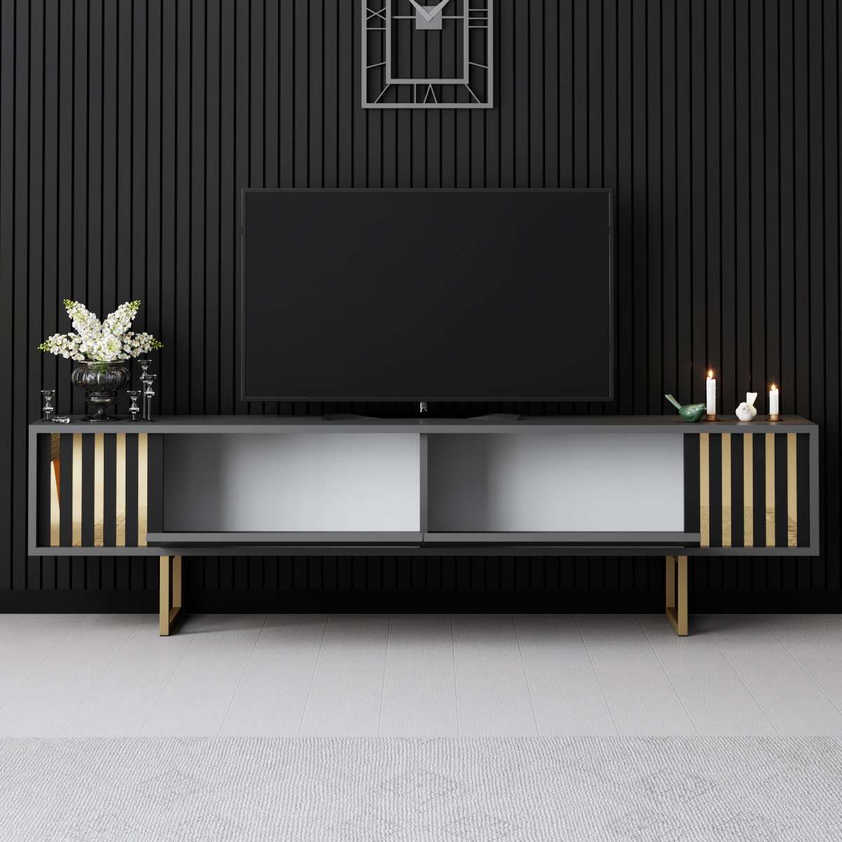 Móvel de TV – 180 cm x 30 cm x 48 cm – Antracite e Ouro – MDF