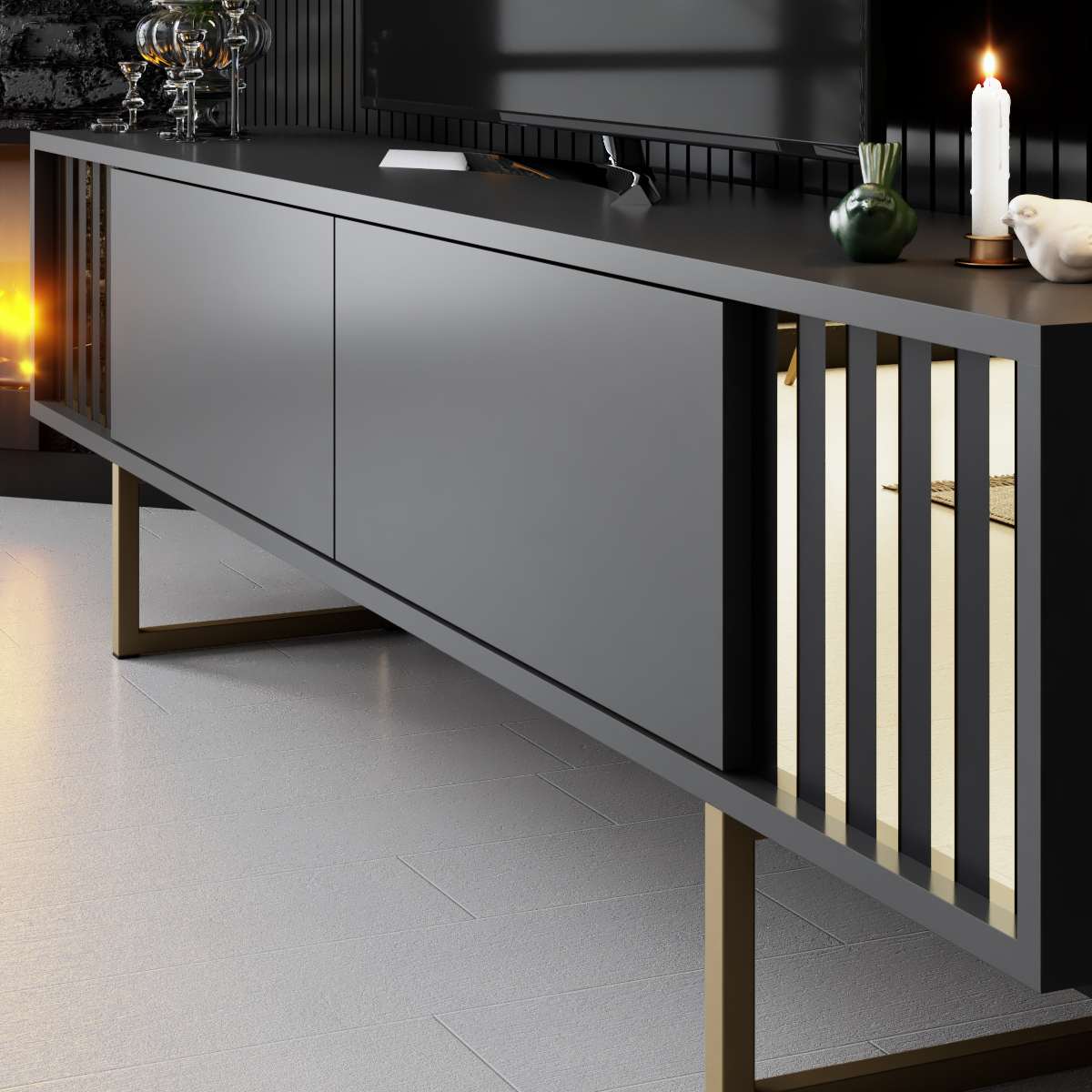 Móvel de TV – 180 cm x 30 cm x 48 cm – Antracite e Ouro – MDF