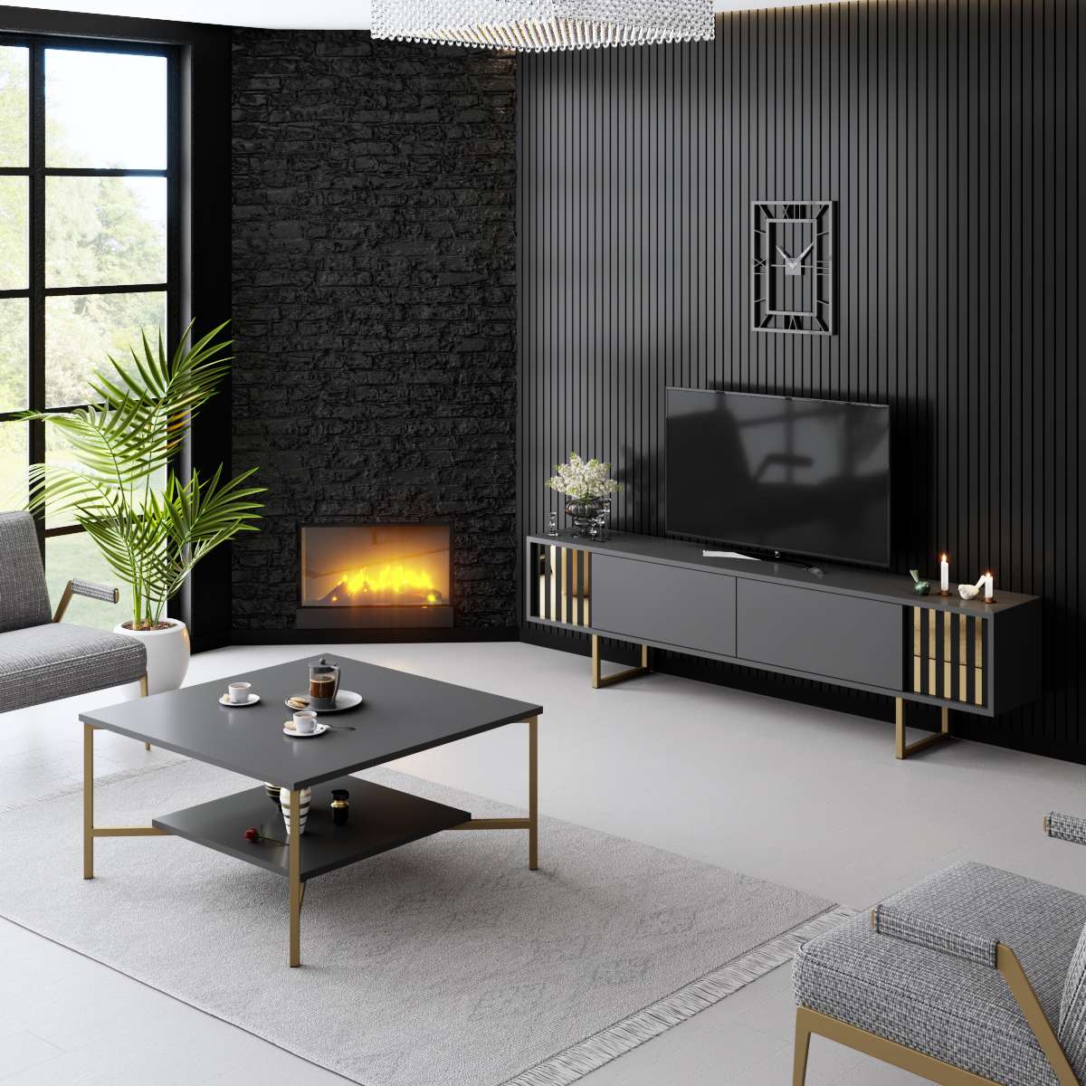 Móvel de TV – 180 cm x 30 cm x 48 cm – Antracite e Ouro – MDF