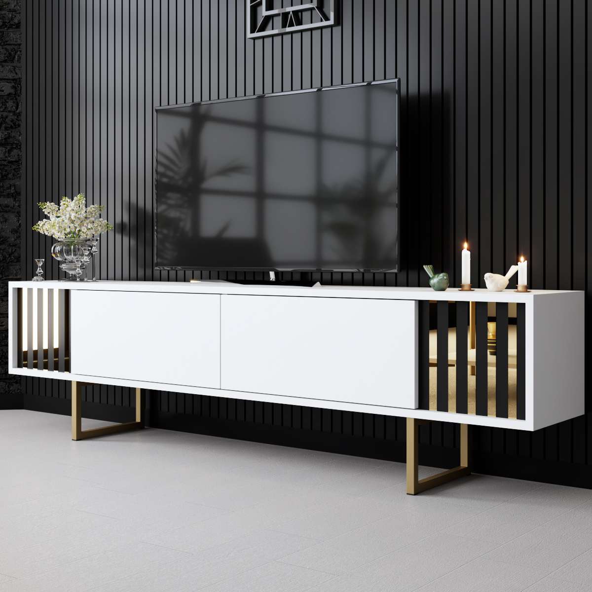 Móvel de TV – 180 cm x 30 cm x 48 cm – Branco e Dourado – MDF