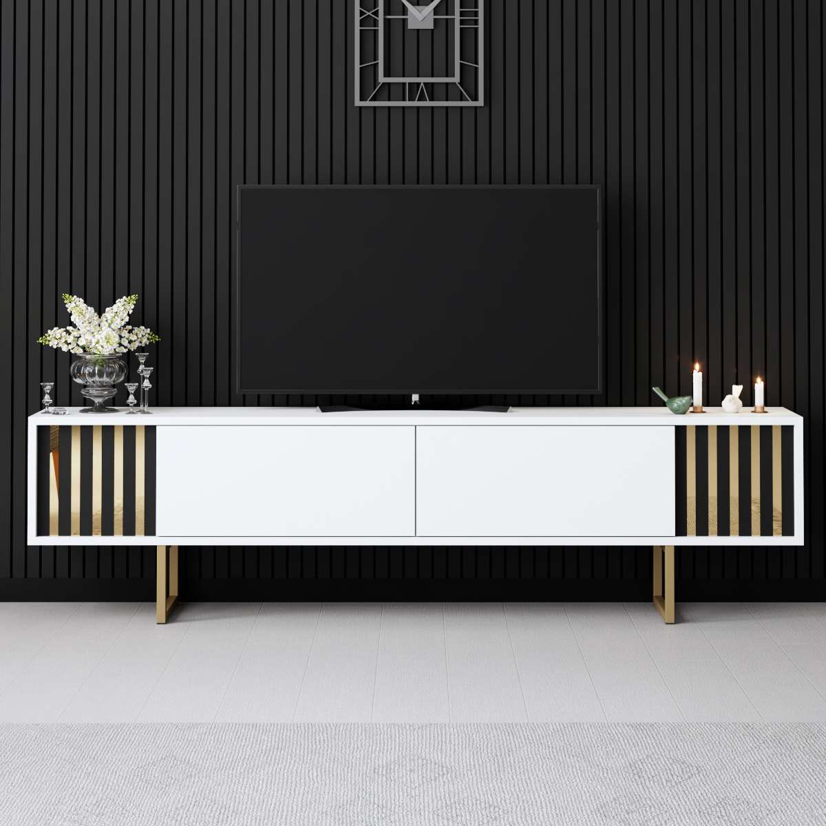 Móvel de TV – 180 cm x 30 cm x 48 cm – Branco e Dourado – MDF