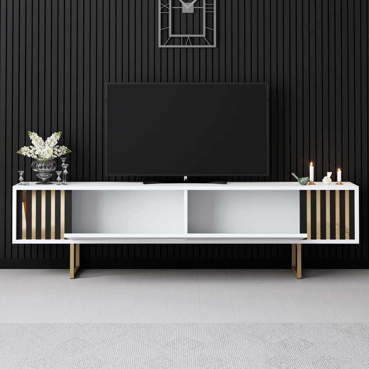Móvel de TV – 180 cm x 30 cm x 48 cm – Branco e Dourado – MDF
