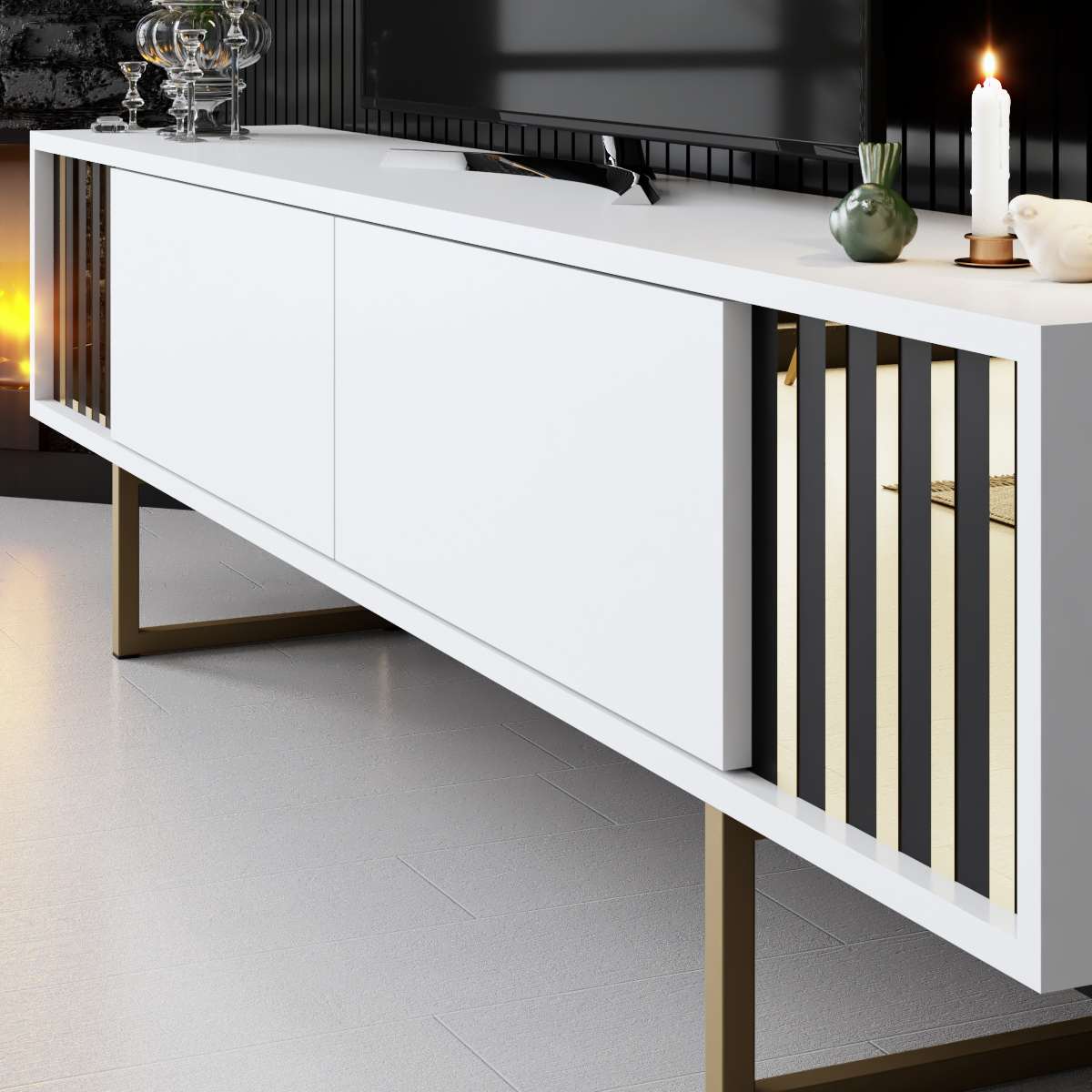 Móvel de TV – 180 cm x 30 cm x 48 cm – Branco e Dourado – MDF