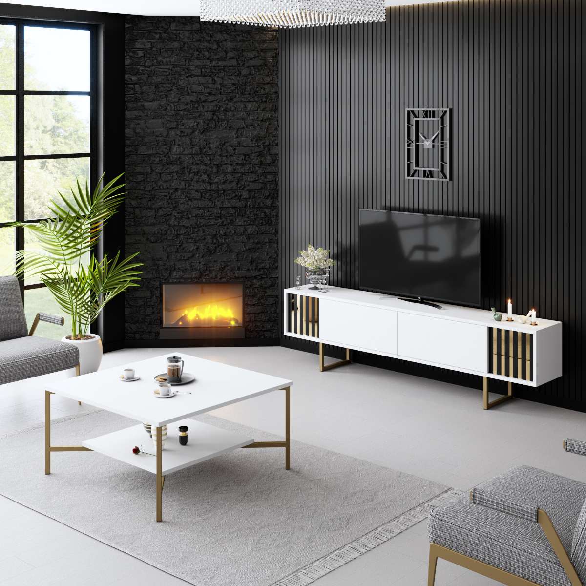 Móvel de TV – 180 cm x 30 cm x 48 cm – Branco e Dourado – MDF