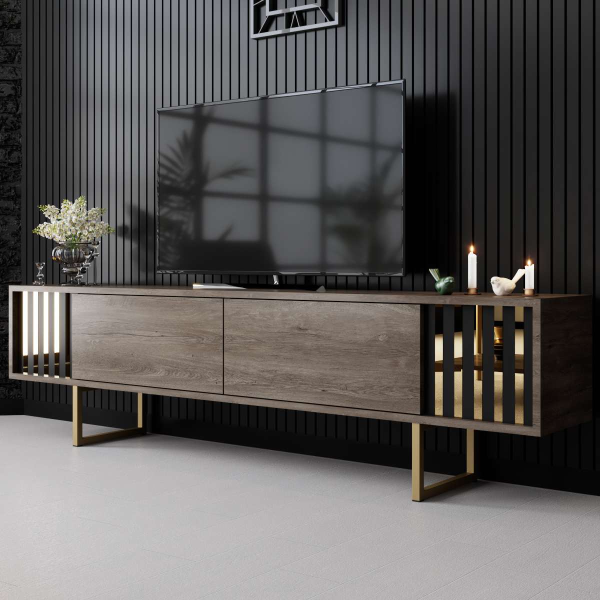 Móvel de TV – 180cm x 30cm x 48cm – Nogueira e Ouro – Painel de partículas revestido em melamina