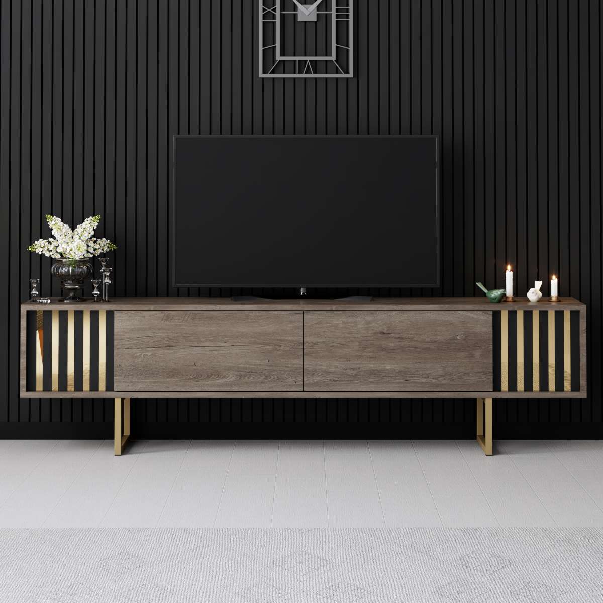 Móvel de TV – 180cm x 30cm x 48cm – Nogueira e Ouro – Painel de partículas revestido em melamina