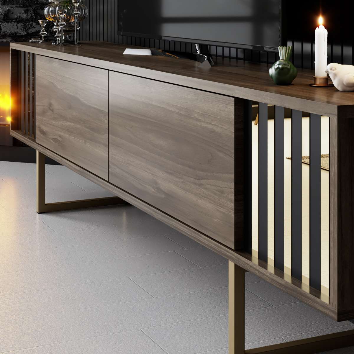 Móvel de TV – 180cm x 30cm x 48cm – Nogueira e Ouro – Painel de partículas revestido em melamina