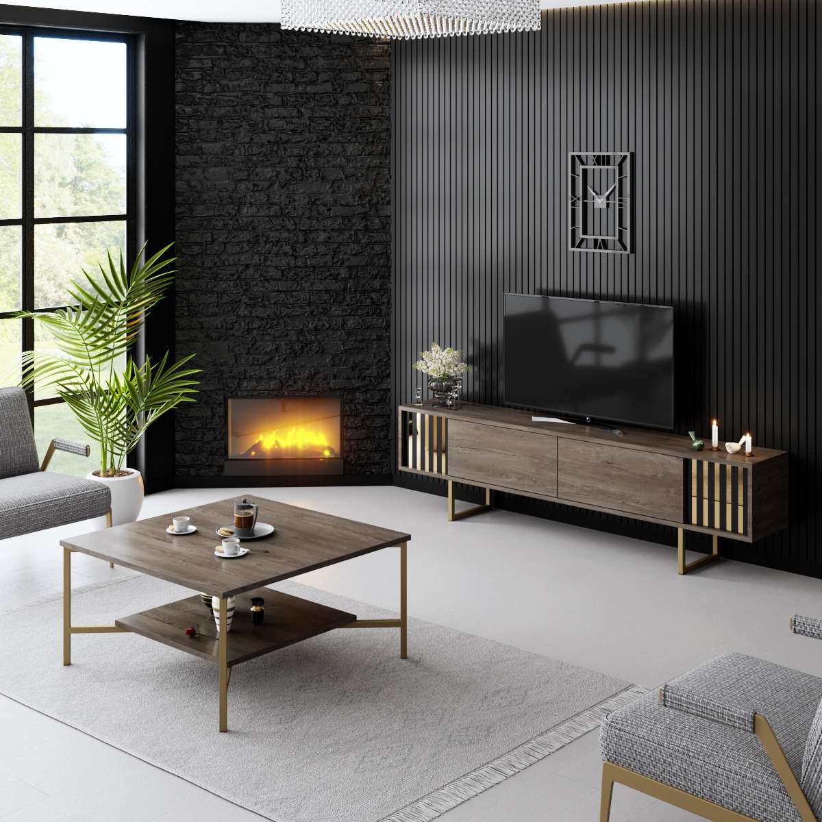 Móvel de TV – 180cm x 30cm x 48cm – Nogueira e Ouro – Painel de partículas revestido em melamina
