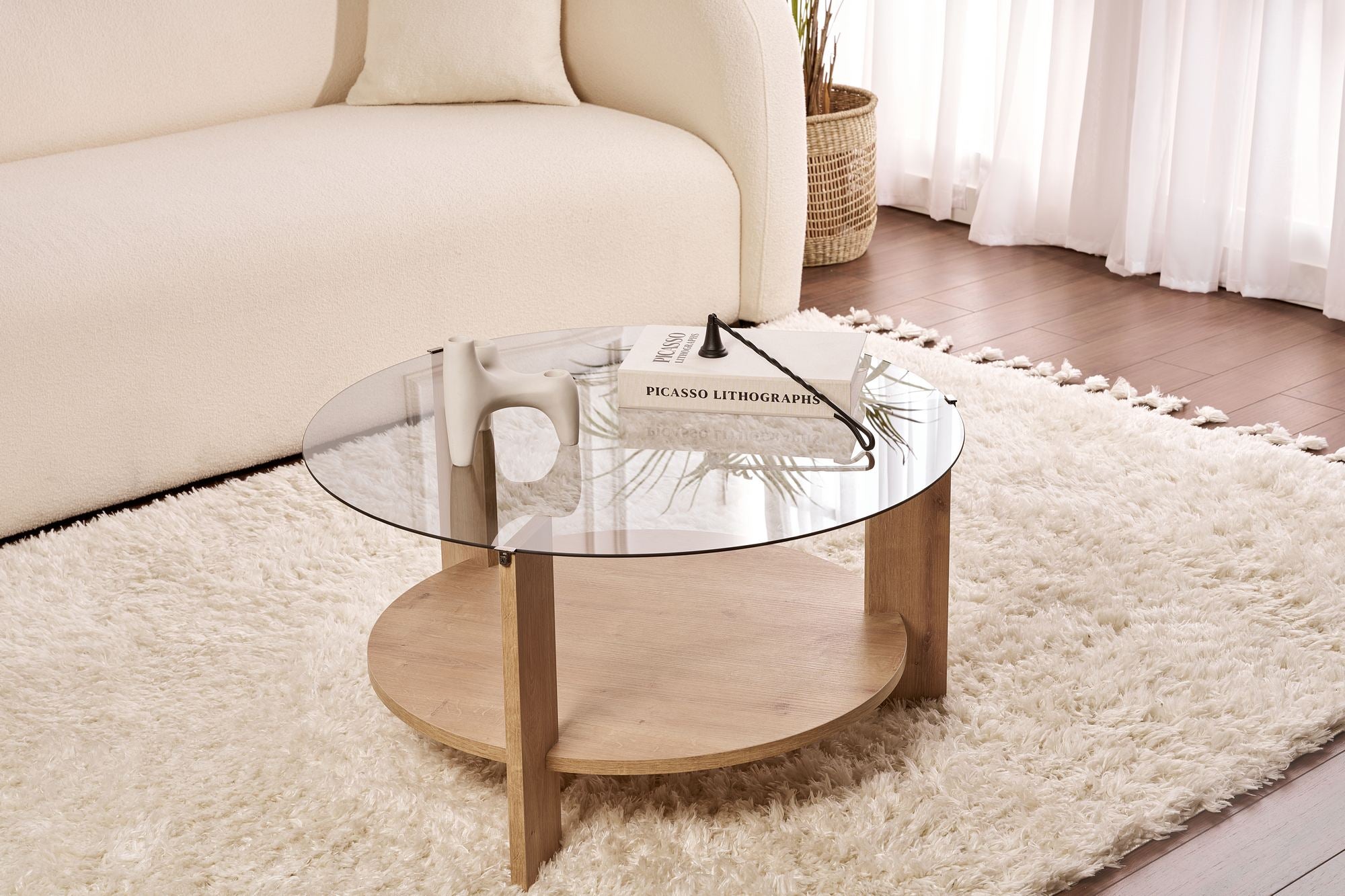 Mesa de Centro – 75 x 40 x 75 cm – Carvalho Safira e Fumaça – Vidro Temperado e Melamina