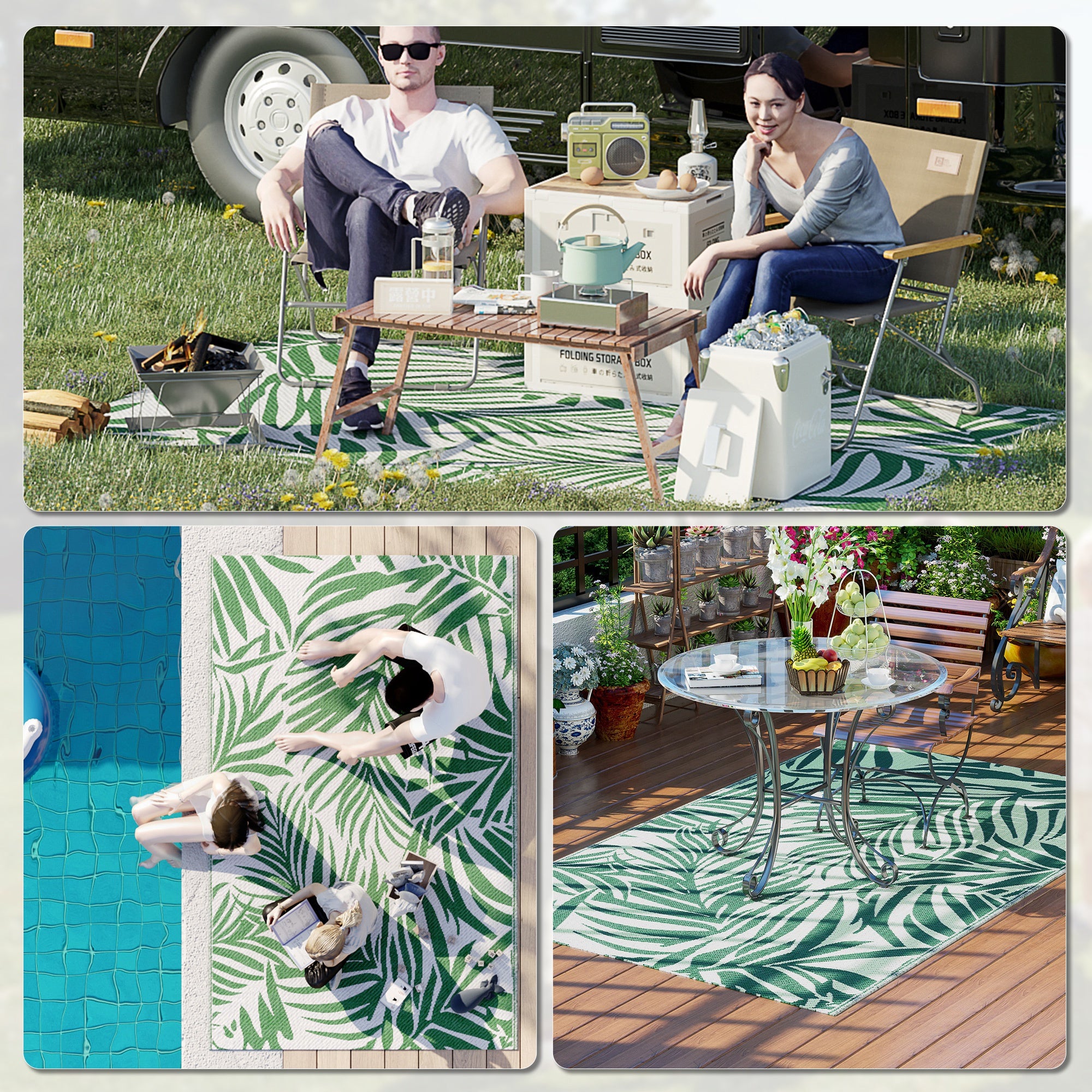 Tapete de Exterior Reversível – 152x243 cm – Verde e Branco – Polipropileno