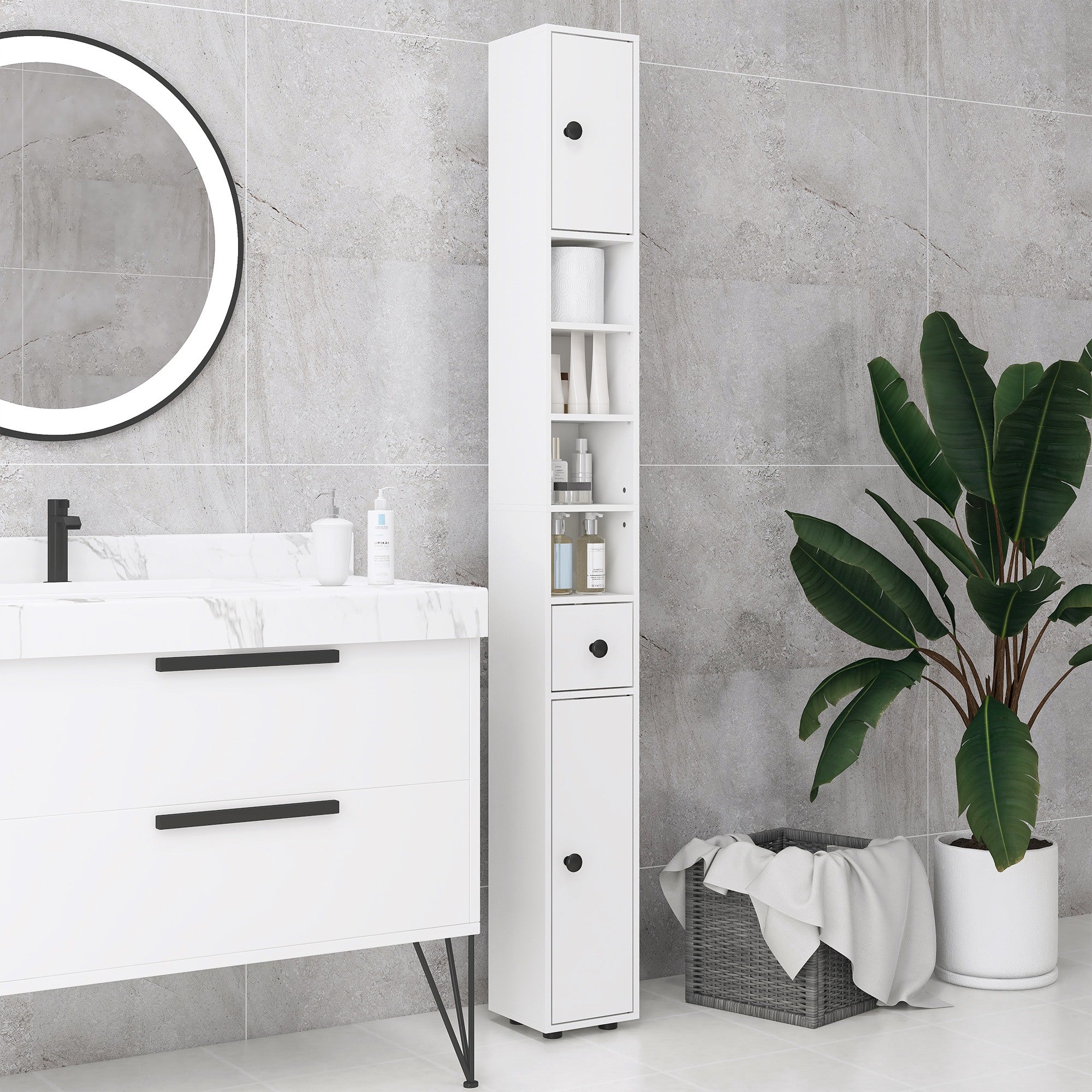 Móvel Auxiliar Casa de Banho – 20x20x180 cm – Branco – Melamina