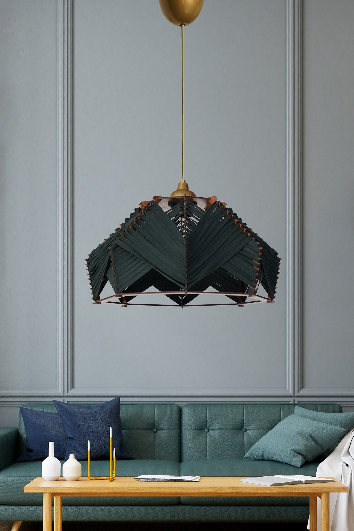 Candeeiro de Teto – 20cm x 35cm – Verde Esmeralda – Plástico e Algodão