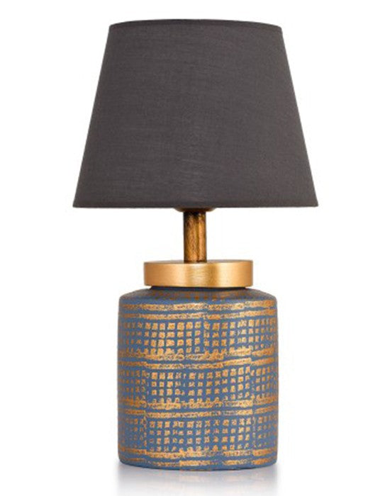 Candeeiro de Mesa – 13 cm largura, 36 cm altura, 20 cm largura da cúpula – Azul e Dourado – Metal