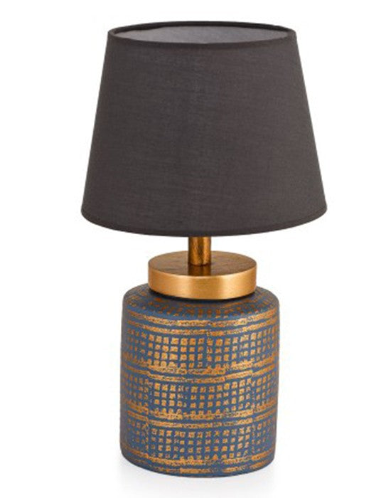 Candeeiro de Mesa – 13 cm largura, 36 cm altura, 20 cm largura da cúpula – Azul e Dourado – Metal