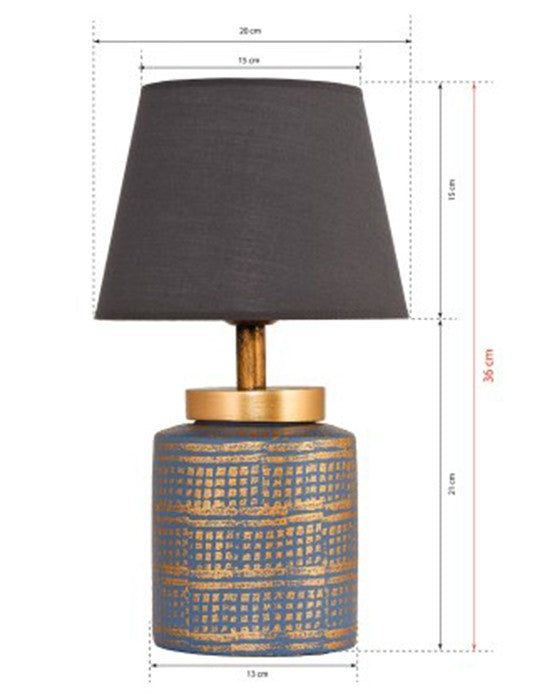 Candeeiro de Mesa – 13 cm largura, 36 cm altura, 20 cm largura da cúpula – Azul e Dourado – Metal