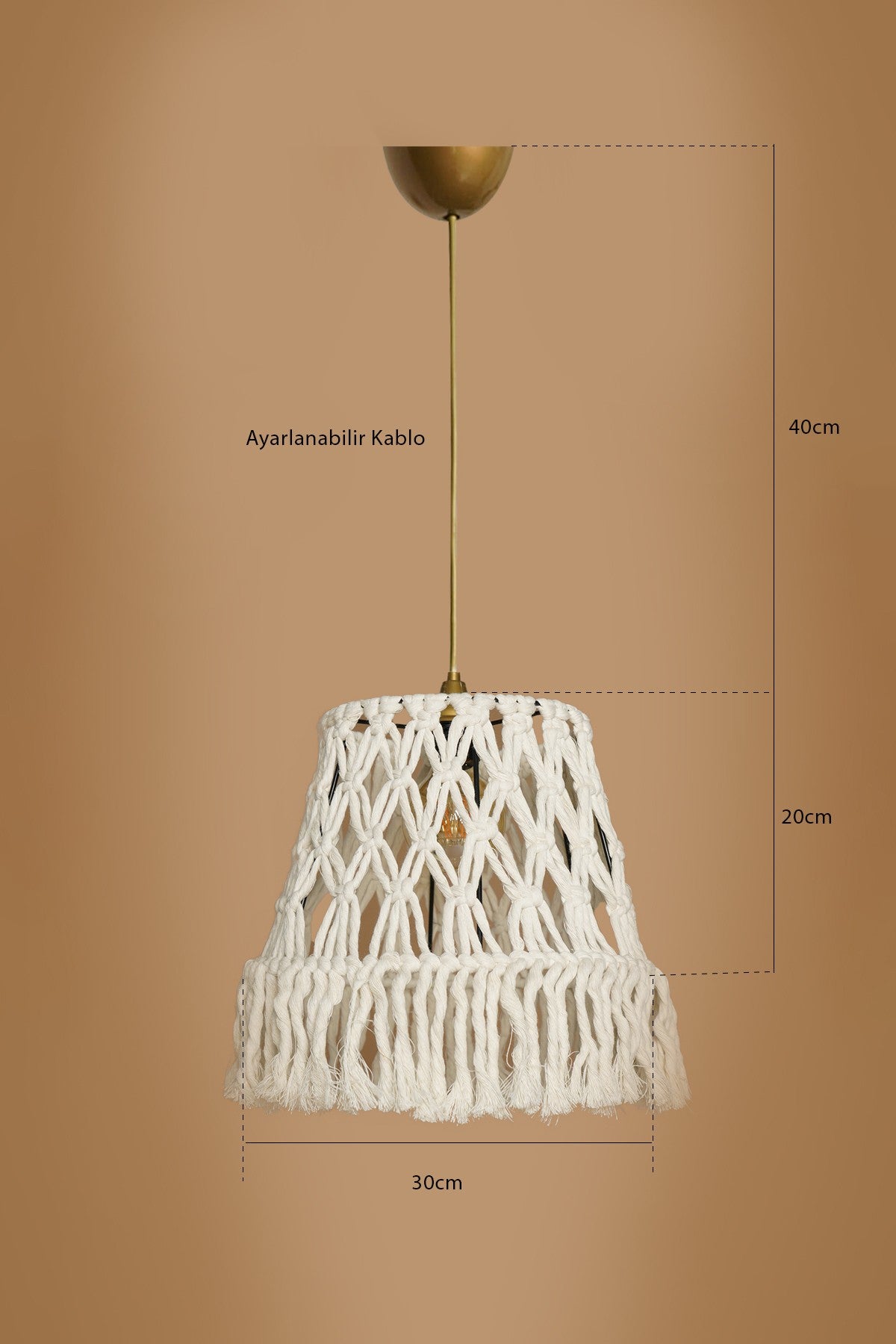 Candeeiro de Teto – 30 cm x 20 cm – Creme – Plástico com Macramê