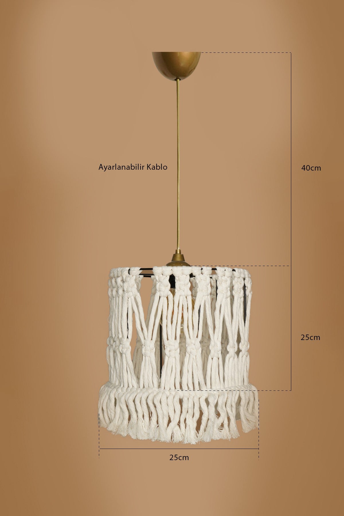Candeeiro de Teto – 25cm x 65cm – Creme – Plástico e Macramé
