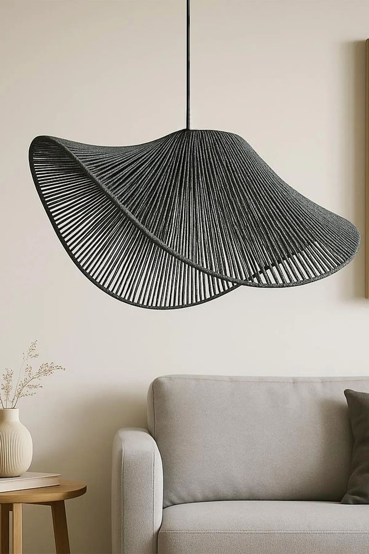 Candeeiro de Teto – 18-53 cm – Cinza – Plástico com Cúpula de Ráfia