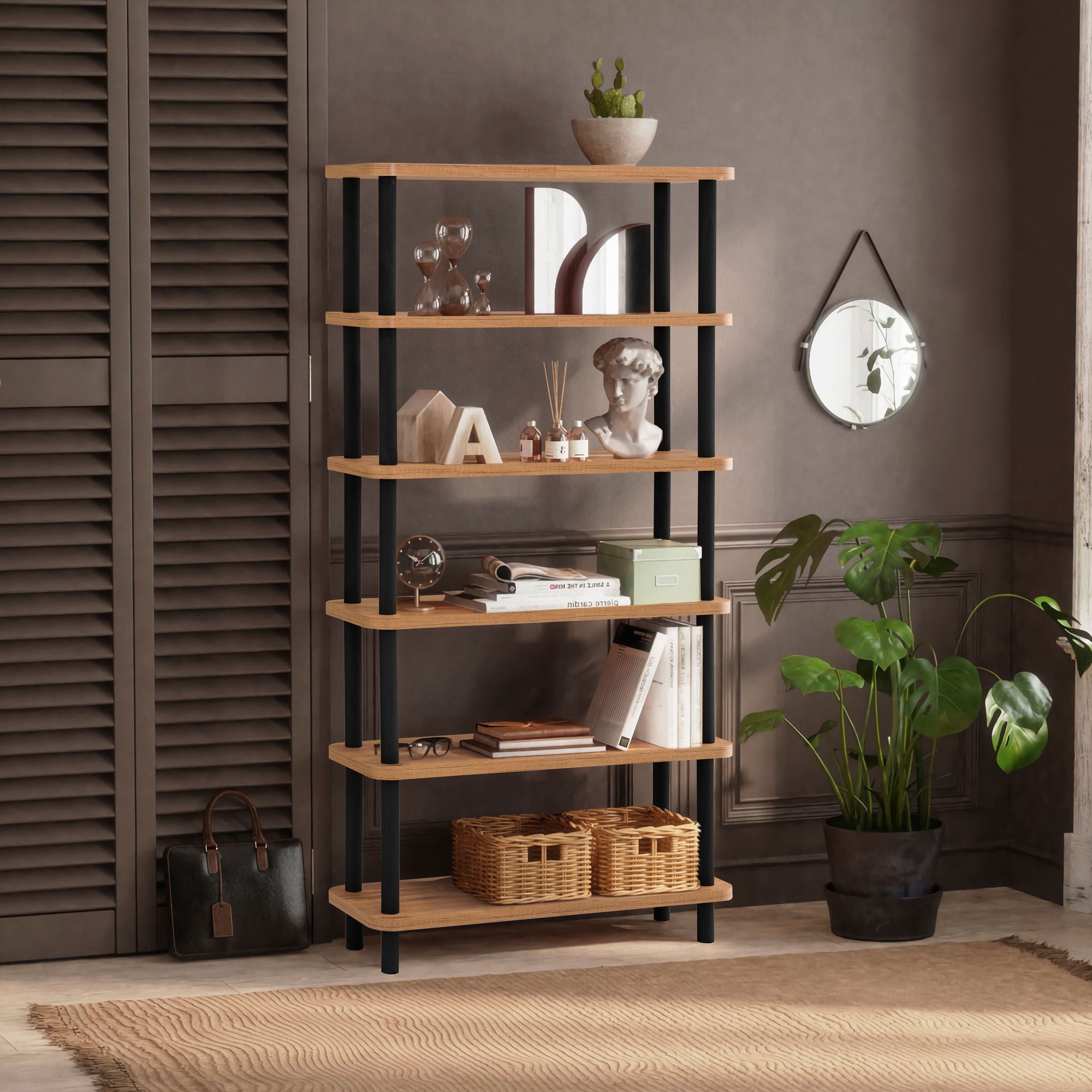 Estante Rústica Escandinava – 80 cm x 168,5 cm x 28 cm – Preto e Pinho Atlântico – Painel de Partículas Revestido a Melamina